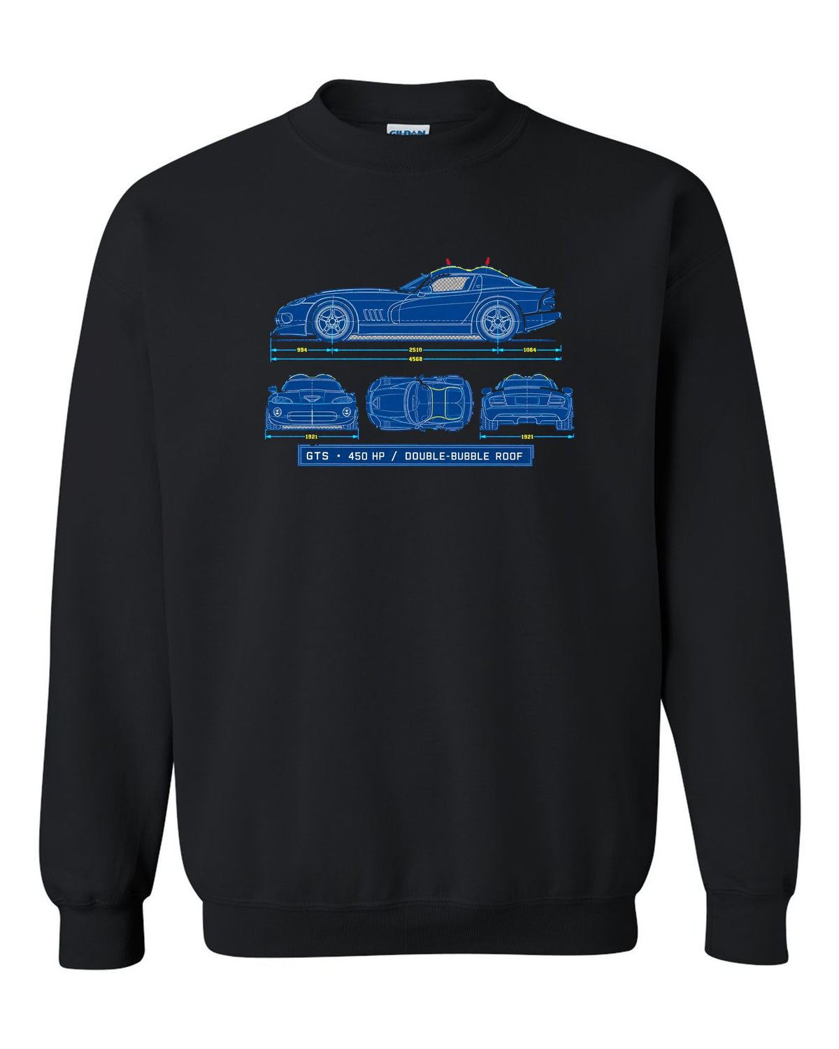 Cyanotype blueprint print of a 1996 Dodge Viper GTS SR II with double-bubble roof text black crewneck front view with the design