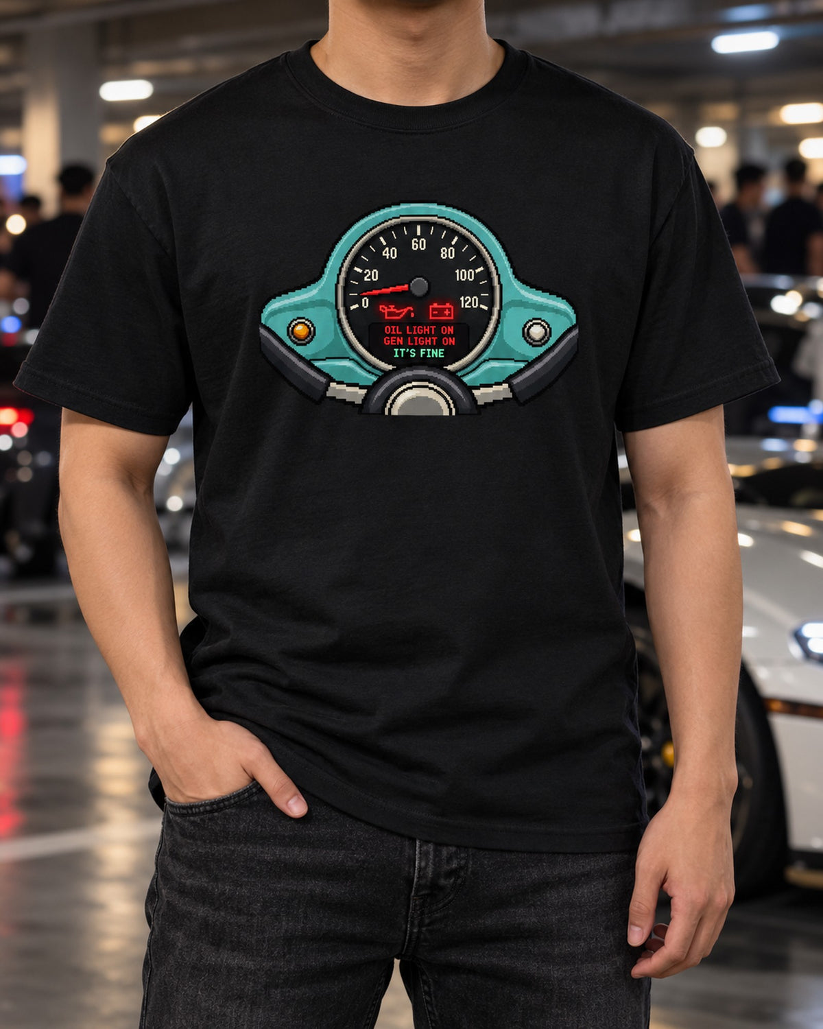 VW Beetle Dashboard Warning Lights LED Display Shirt, Dry Humor T-Shirt Black worn hero