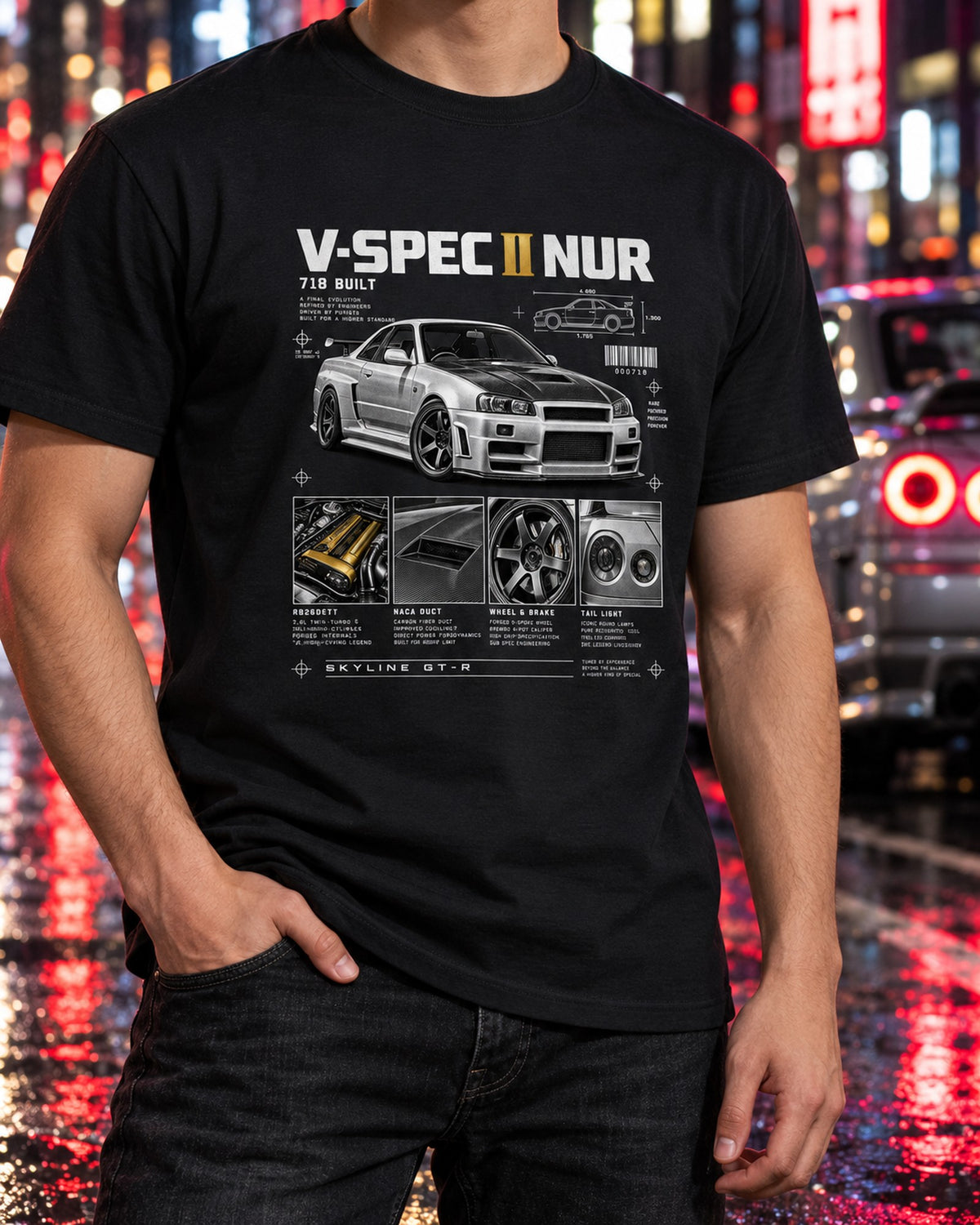 Skyline GT-R R34 V-Spec II Nur Dossier Tee, Gold Cam Covers T-Shirt Black worn hero