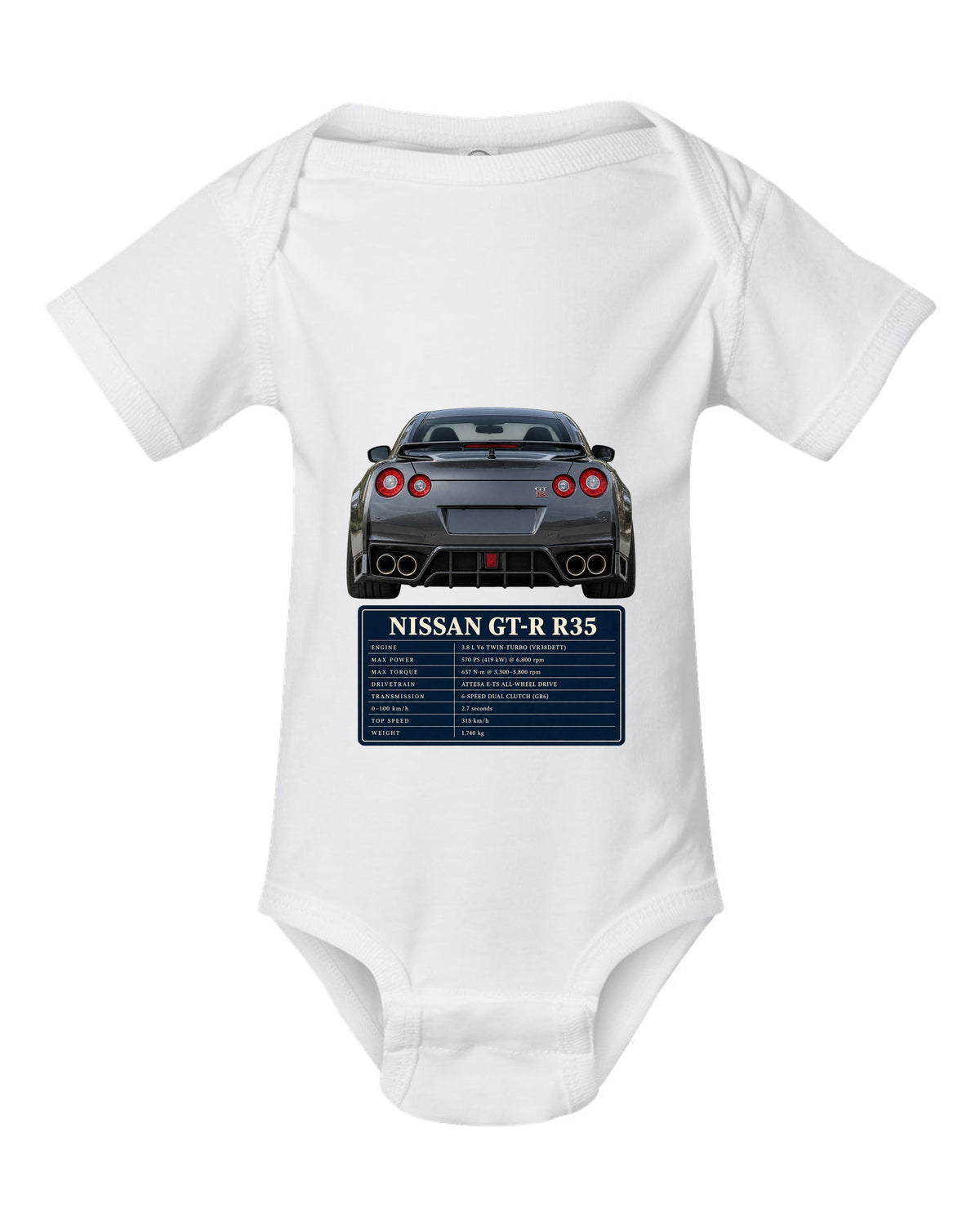 Close crop of Nissan GT-R R35 2014 Premium round taillights white baby onesie front view with the design
