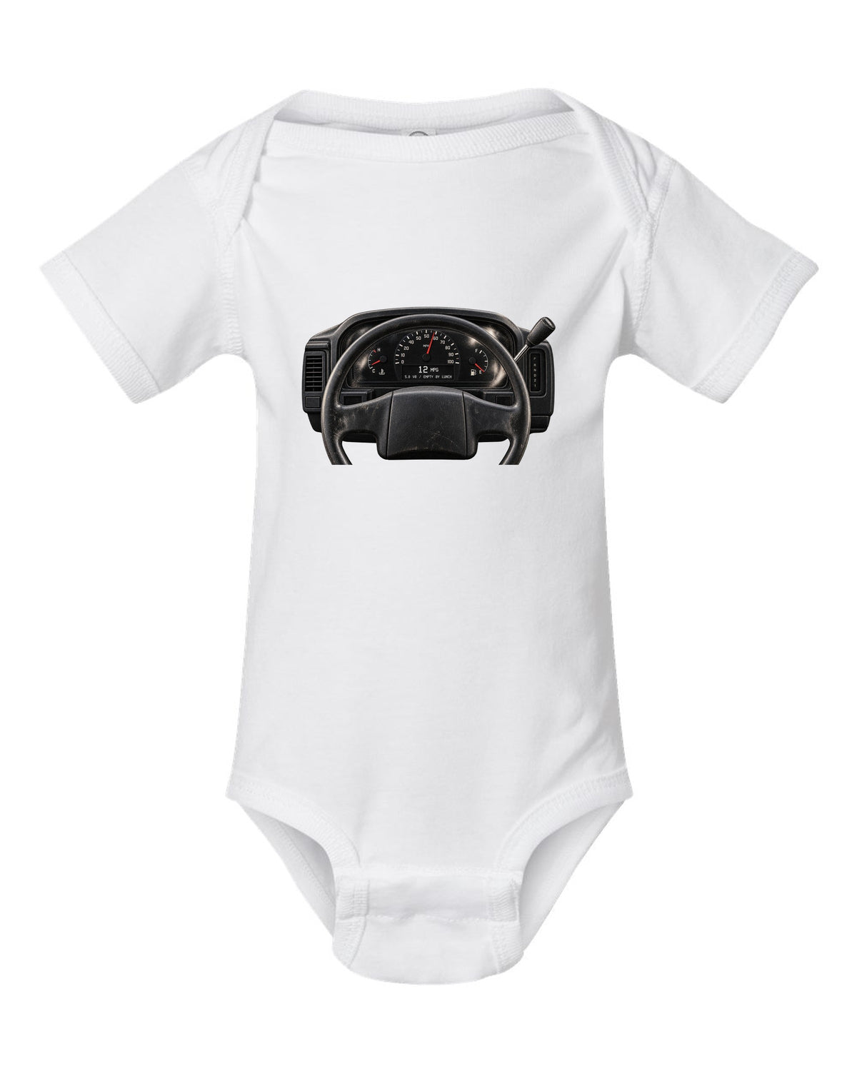 Gauge cluster print of a 1992-96 Ford Bronco OBS with 5.8 V8 and 12 MPG text white baby onesie front view with the design