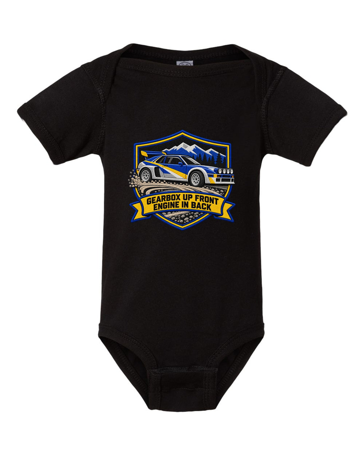 Varsity crest print of the Ford RS200 with gearbox up front, engine in back text black baby onesie front view with the design