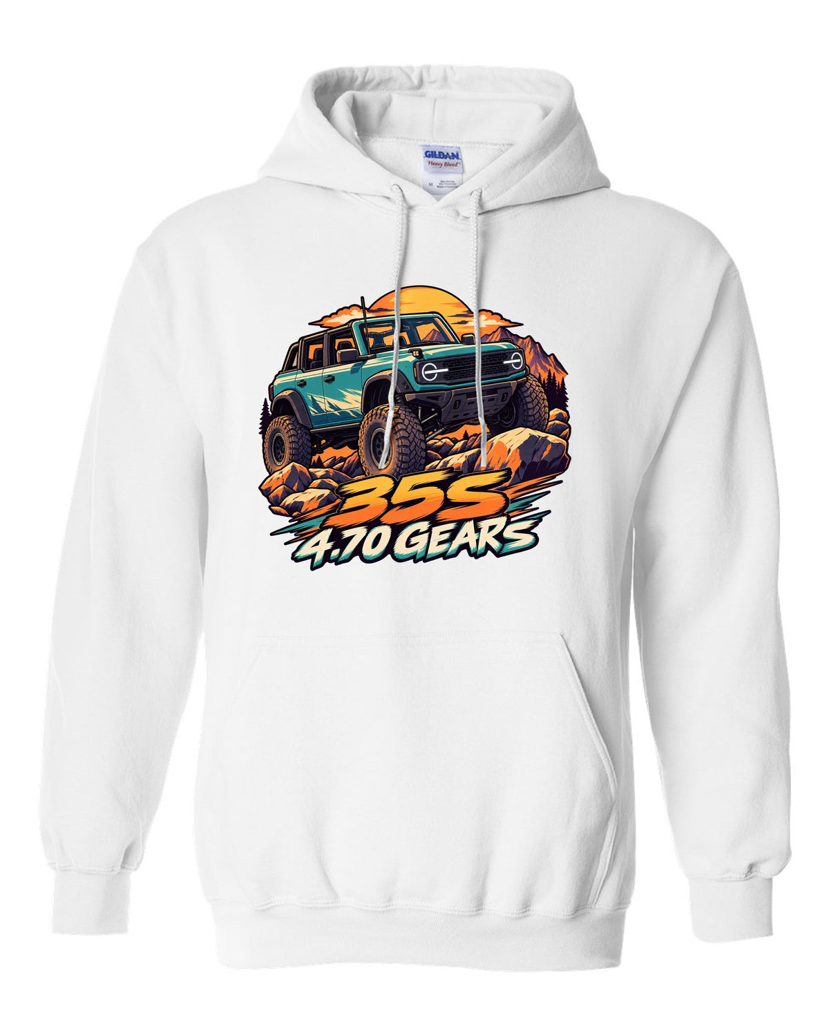 Ford Bronco 6G four-door Sasquatch in a cel-shaded anime print white pull over hoodie front view with the design