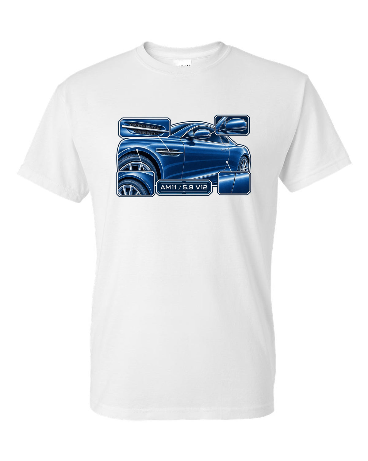 Aston Martin DB9 cyanotype blueprint with AM11 5.9 V12 lettering white t-shirt front view with the design