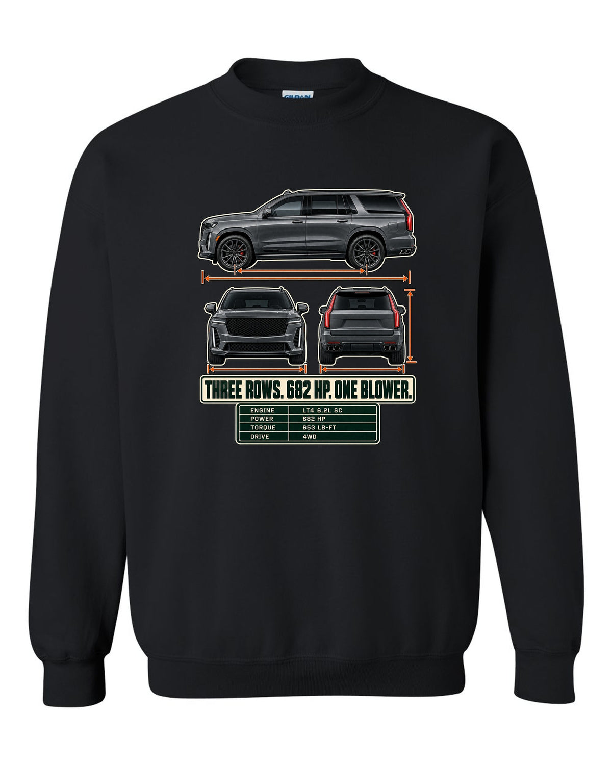 Three-view and spec table print of a 2023-25 Cadillac Escalade-V black crewneck front view with the design