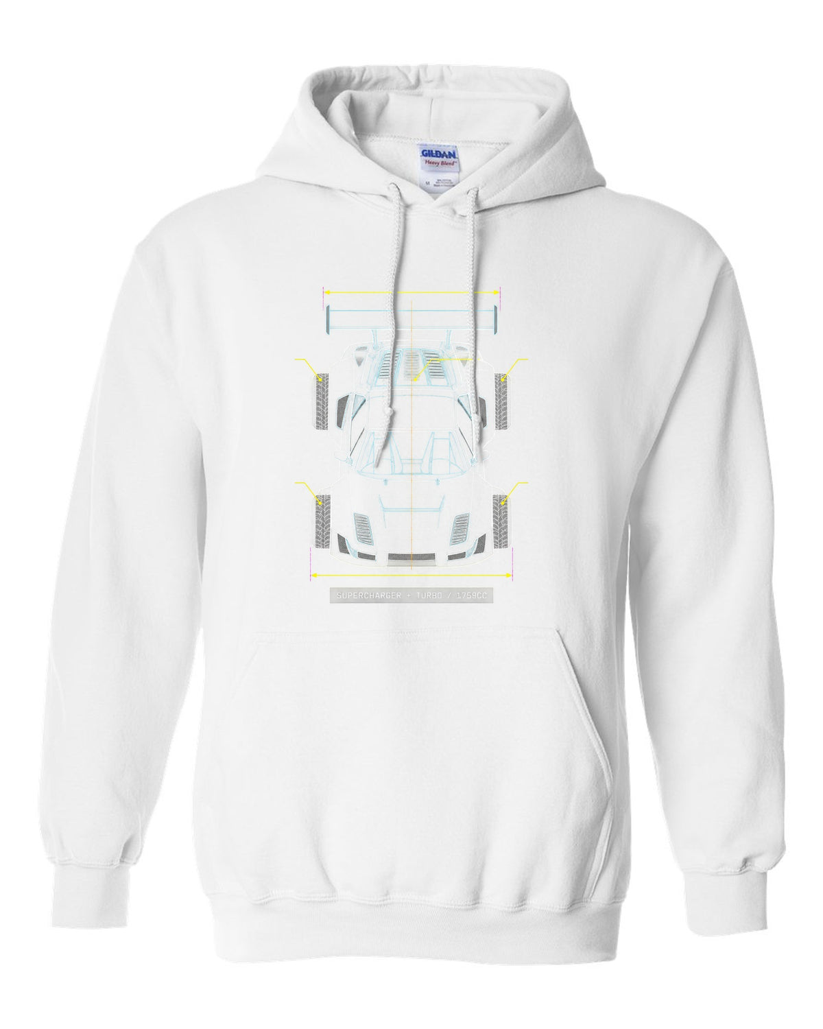 Overhead blueprint line drawing of a Lancia Delta S4 with supercharger and turbo caption white pull over hoodie front view with the design