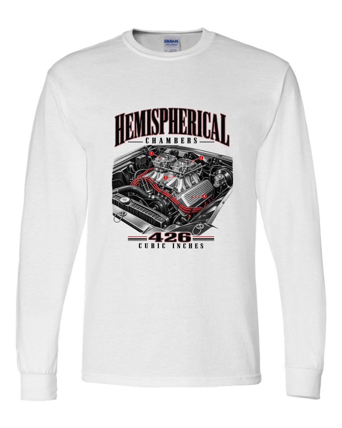 Engine hero print of a 1970 Plymouth Cuda E-body 426 Hemi white long sleeve front view with the design