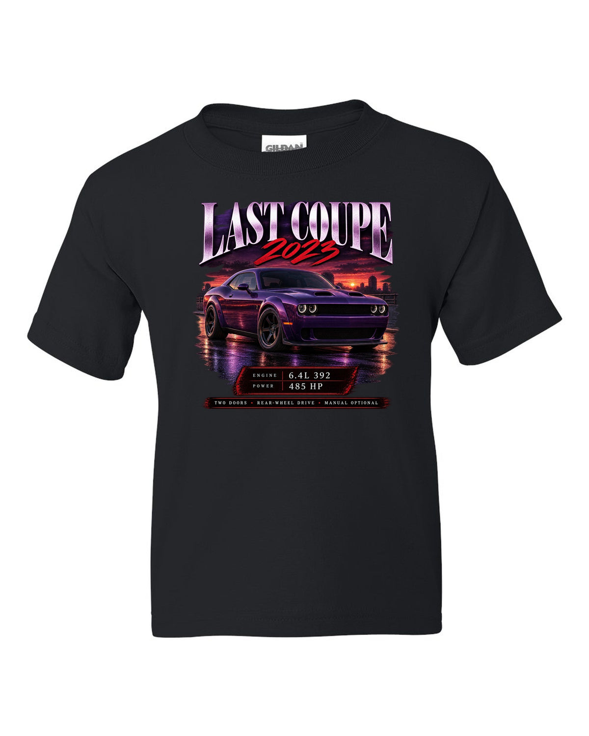 2023 Dodge Challenger Scat Pack Widebody archive panel print with last coupe lettering black kids tee front view with the design
