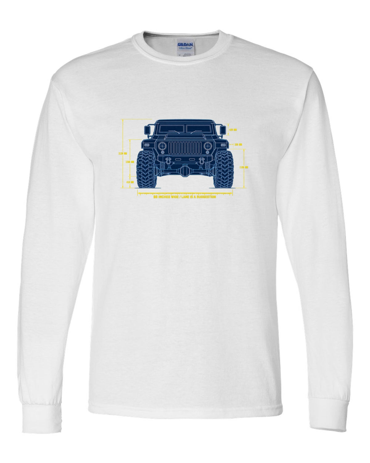 Blueprint patent line art print of the Hummer H1 M998 lineage with 86 inches wide text white long sleeve front view with the design