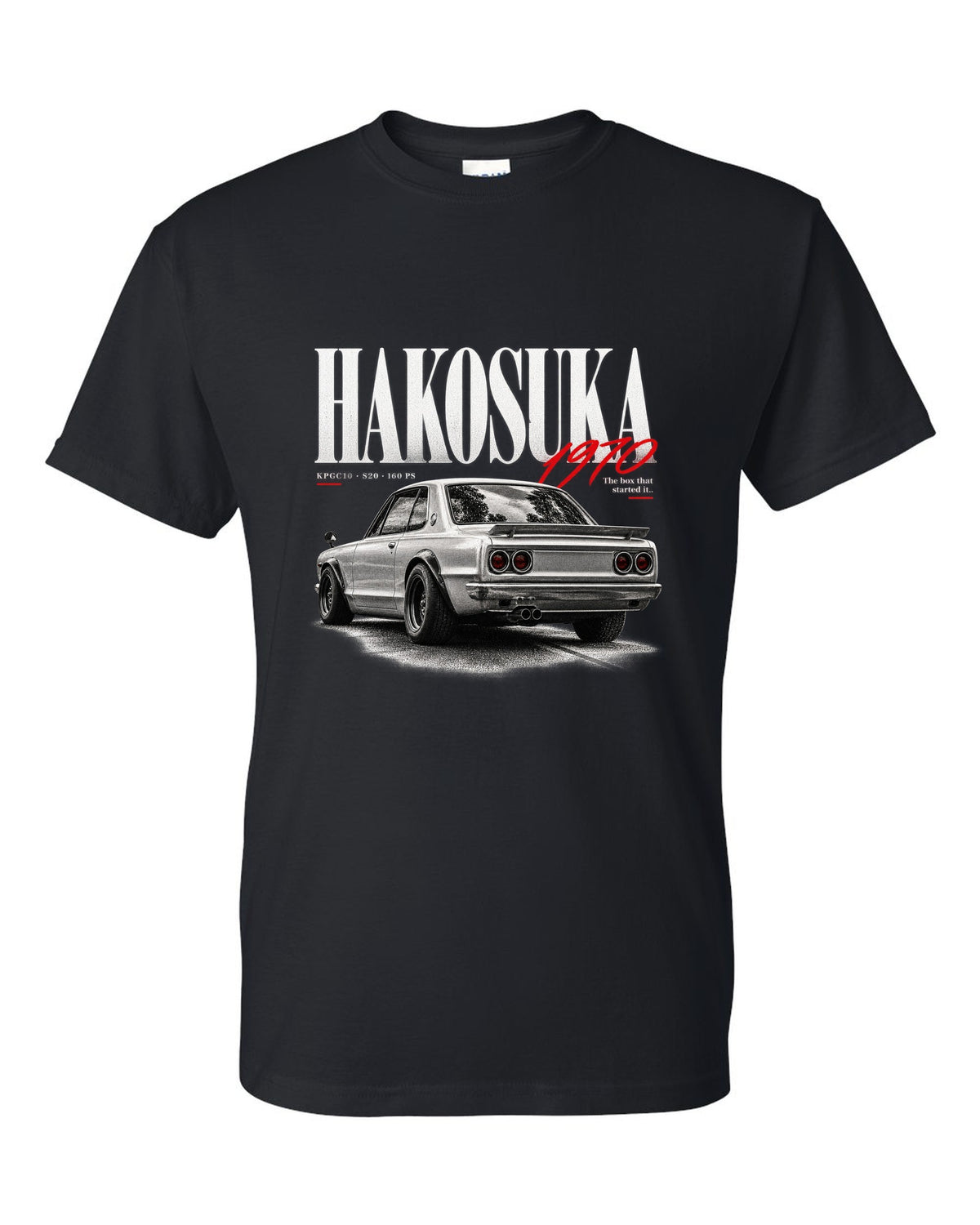 Editorial headline print of a Nissan Skyline 2000GT-R KPGC10 Hakosuka black t-shirt front view with the design