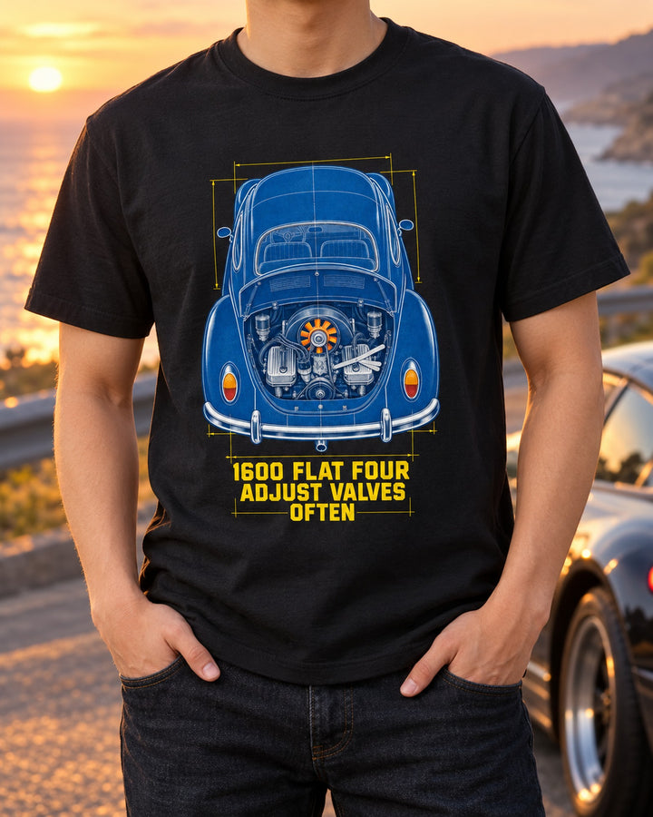 VW Beetle 1600 Flat Four Cyanotype Shirt, Valve Adjust Joke T-Shirt Black worn hero