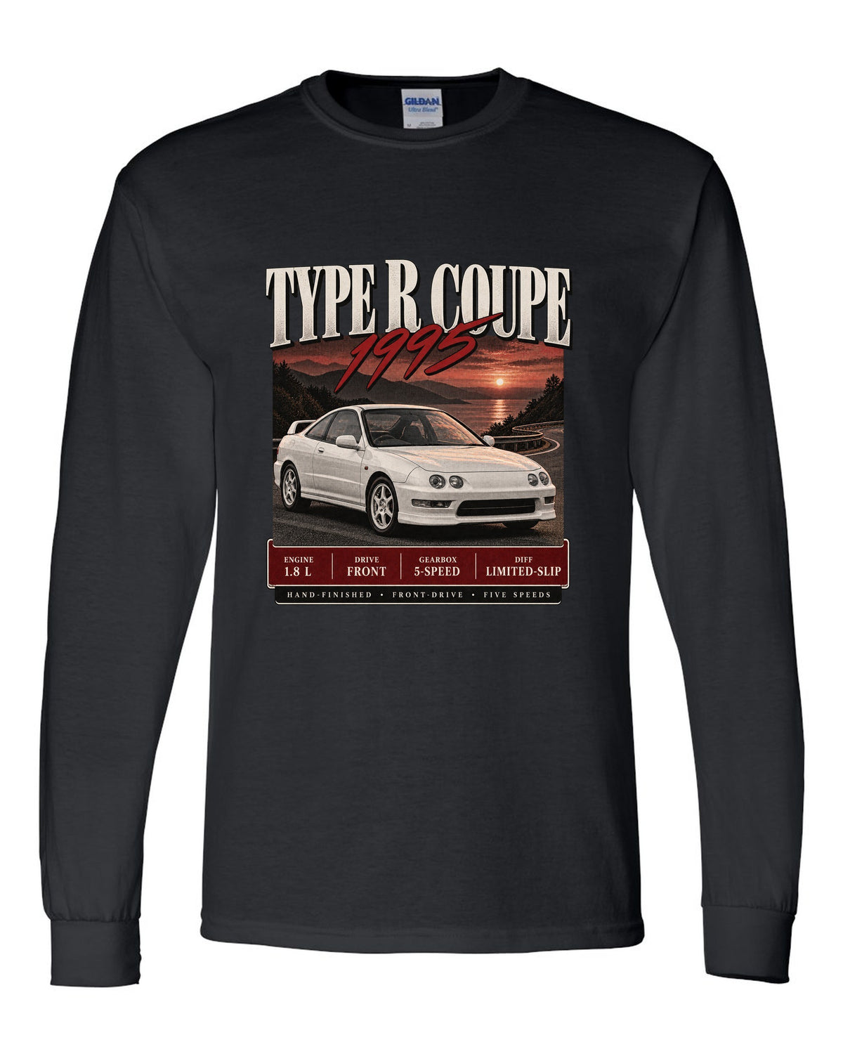 Honda Integra DC2 Type R coupe archive panel design labelled The Teg black long sleeve front view with the design
