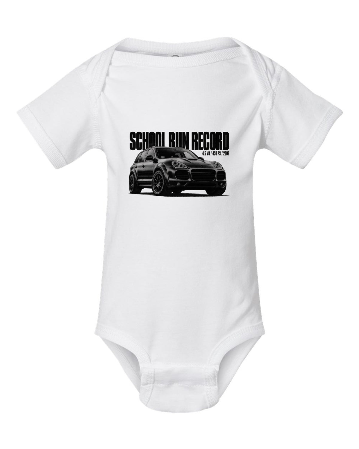 Halftone print of a Porsche Cayenne Turbo 955 with School Run Record caption white baby onesie front view with the design