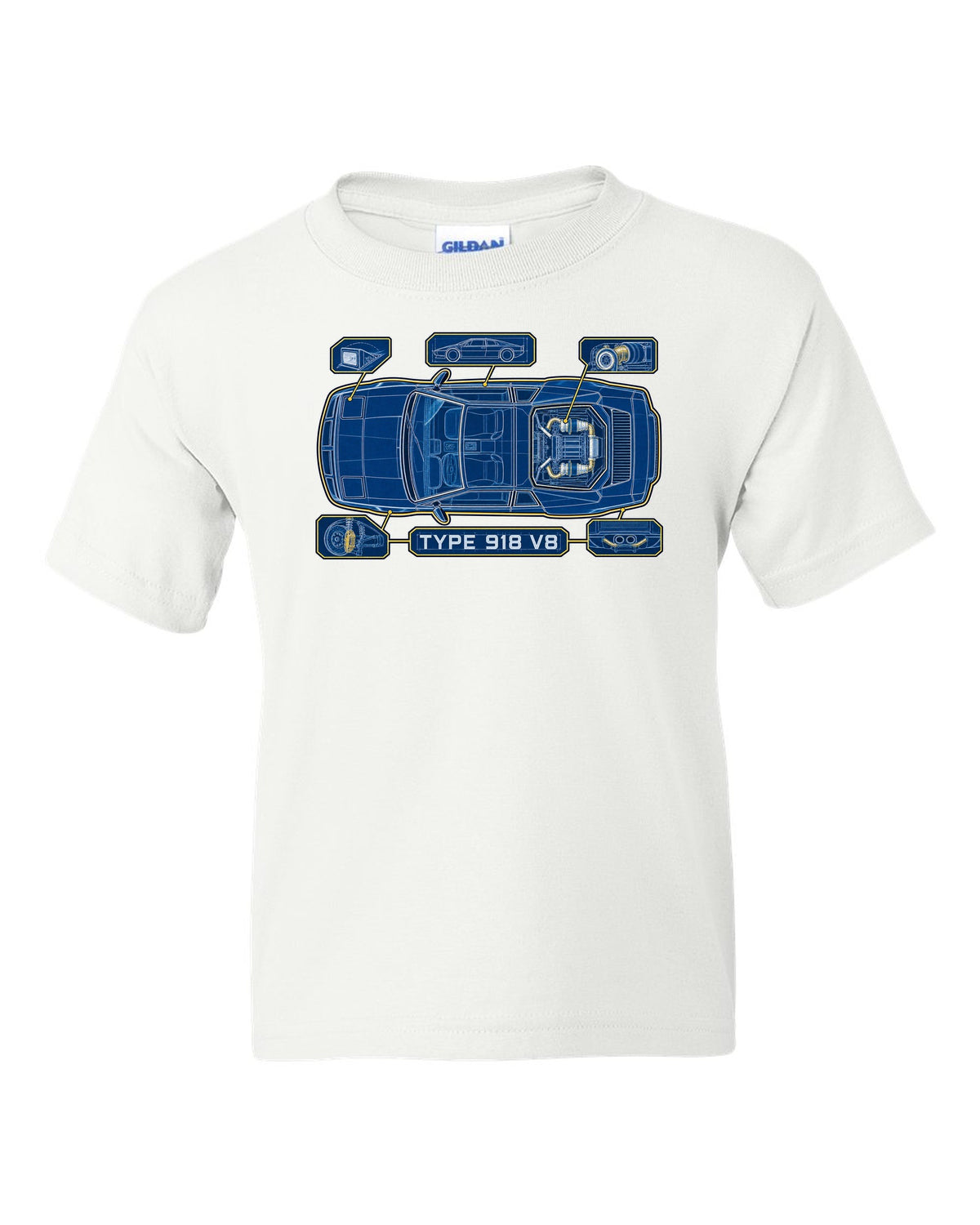 Lotus Esprit V8 cyanotype blueprint with TYPE 918 V8 lettering white kids tee front view with the design