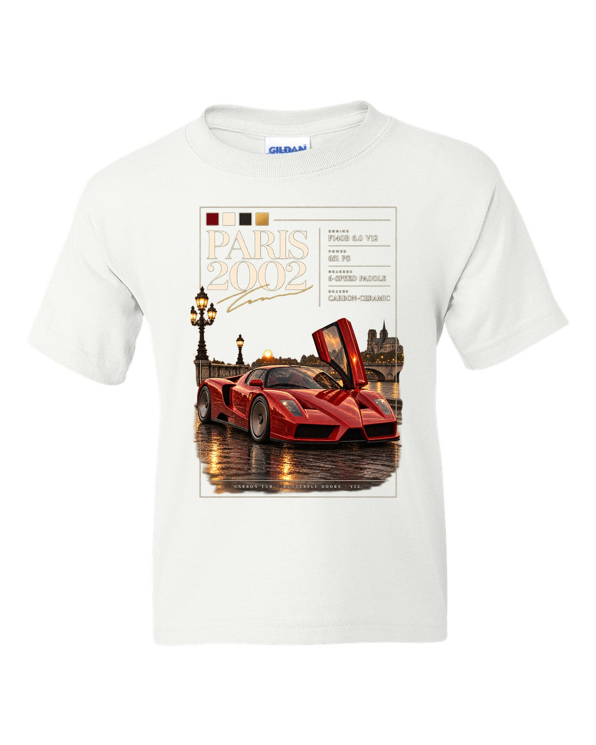Ferrari Enzo 2002 front three-quarter archive panel print, Paris 2002, F140B V12, 651 PS white kids tee front view with the design