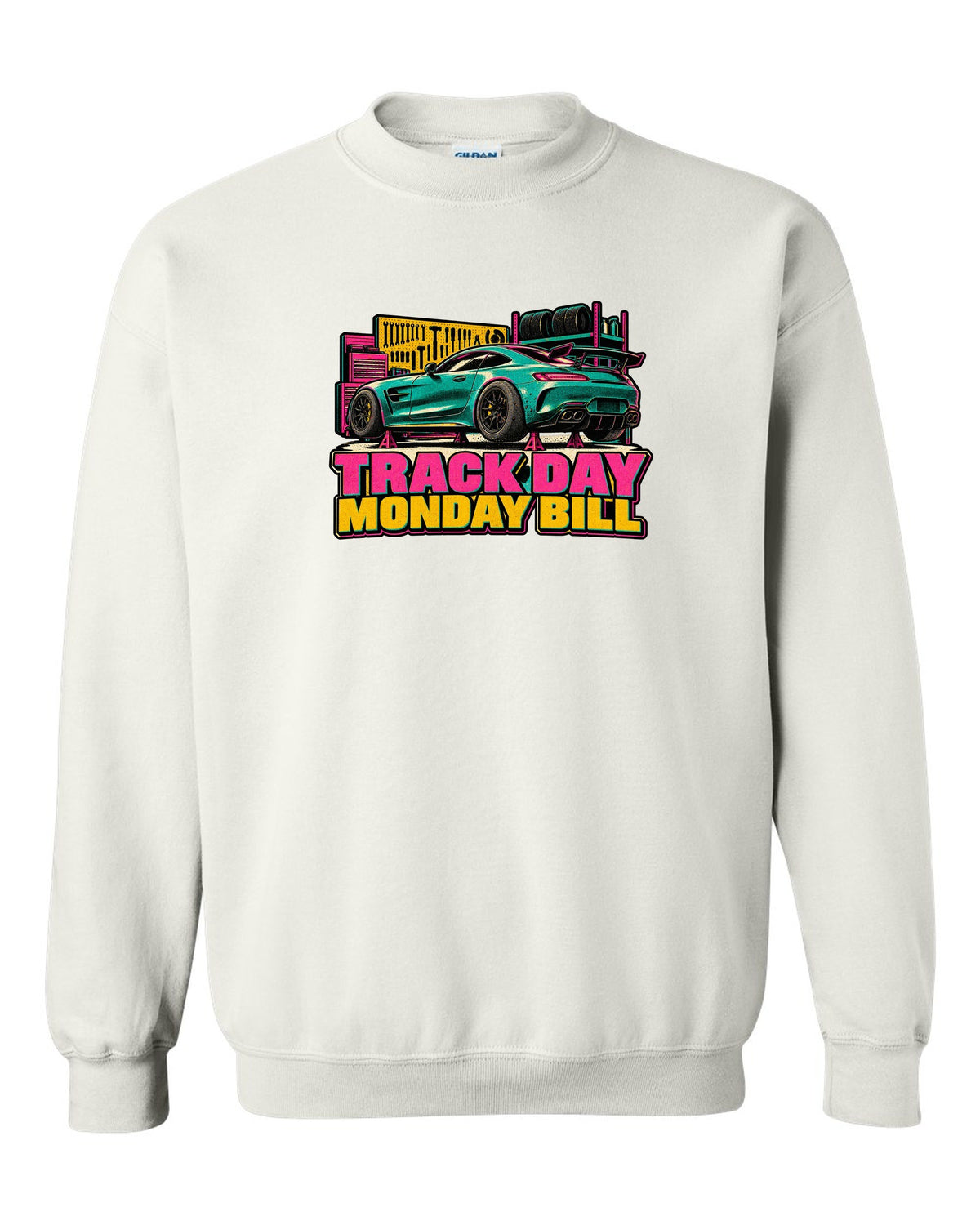 Stencil spray street art of a Mercedes AMG GT R C190 burnout with tyre smoke and Wing Is Not Decorative text white crewneck front view with the design