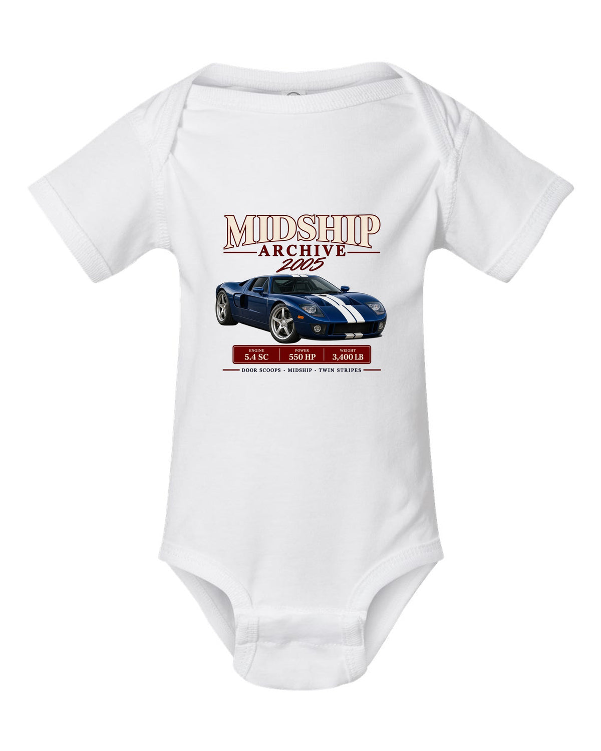 Ford GT 2005-06 midship archive panel print with door scoops, 5.4 SC and 550 HP white baby onesie front view with the design