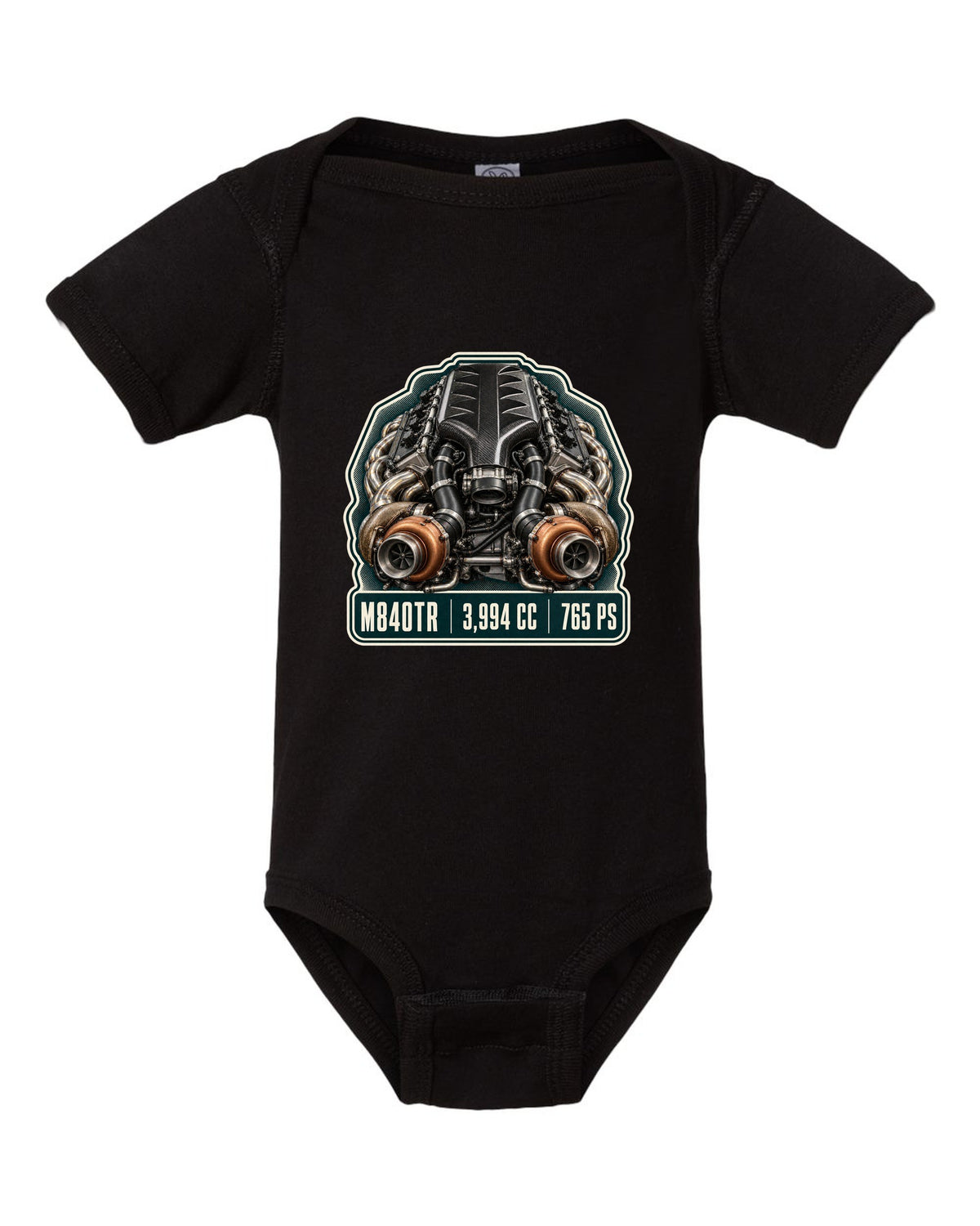 Engine hero print of the McLaren 765LT M840TR V8 black baby onesie front view with the design