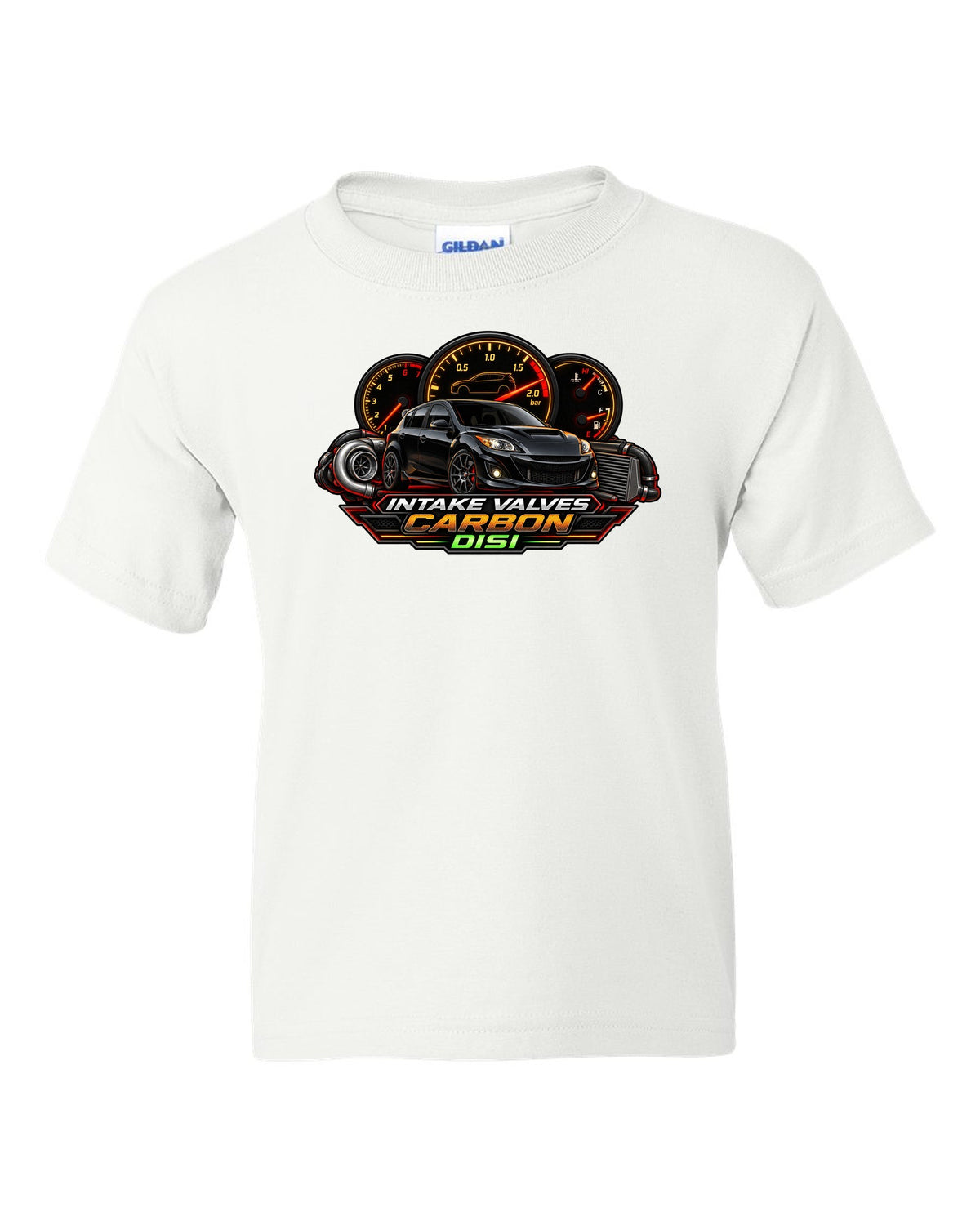 Gauge-cluster HUD design for the Mazdaspeed3 with INTAKE VALVES / CARBON / DISI lettering white kids tee front view with the design