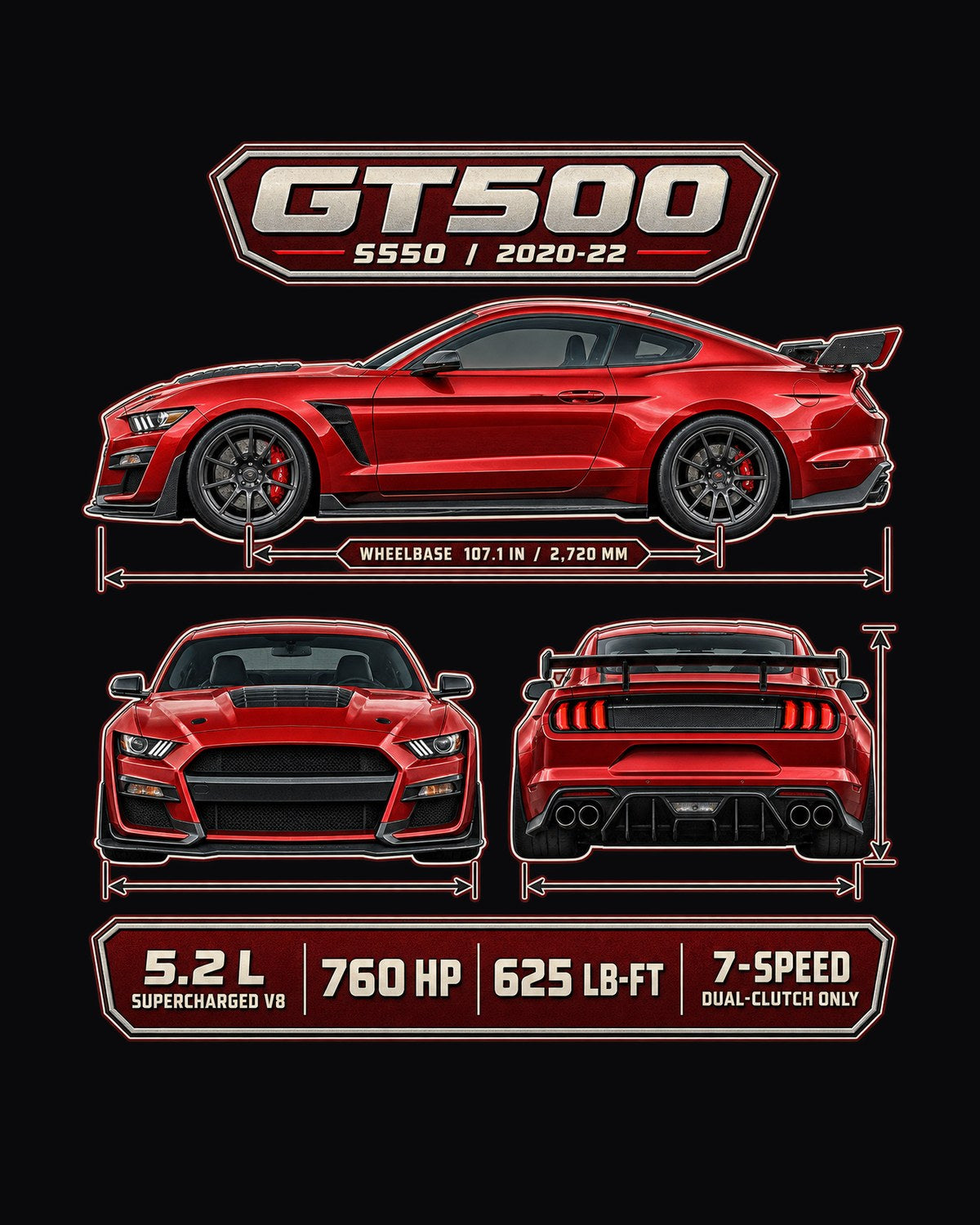 Ford Mustang Shelby GT500 S550 Three-View Spec Table Shirt design only