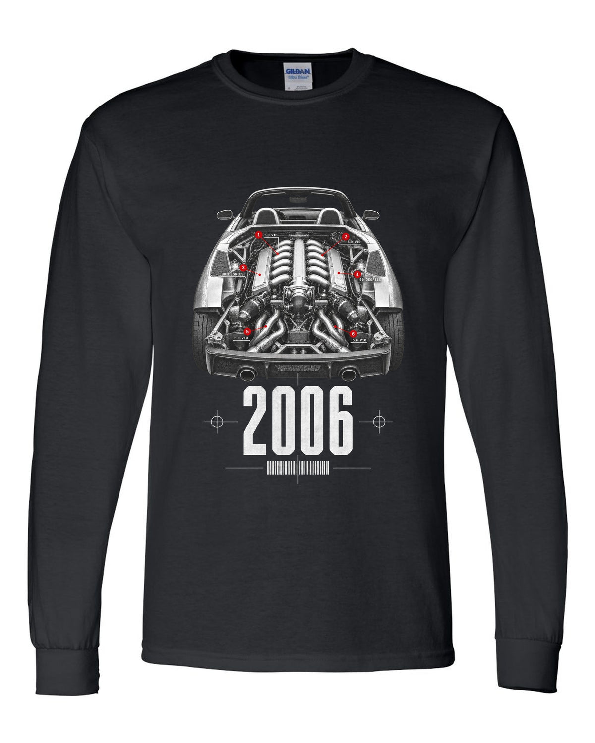 Engine hero print of a Lamborghini Gallardo Spyder with 5.0 V10 and 90 Degrees text black long sleeve front view with the design