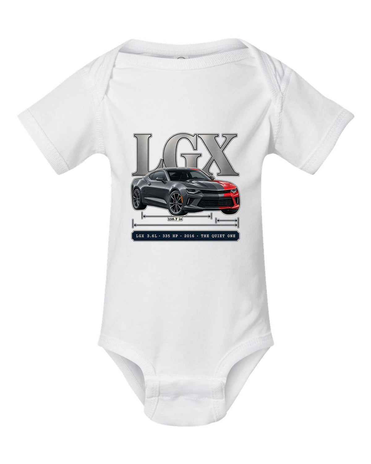 Archive panel print of a 2016 Chevrolet Camaro V6 with LGX 3.6L white baby onesie front view with the design