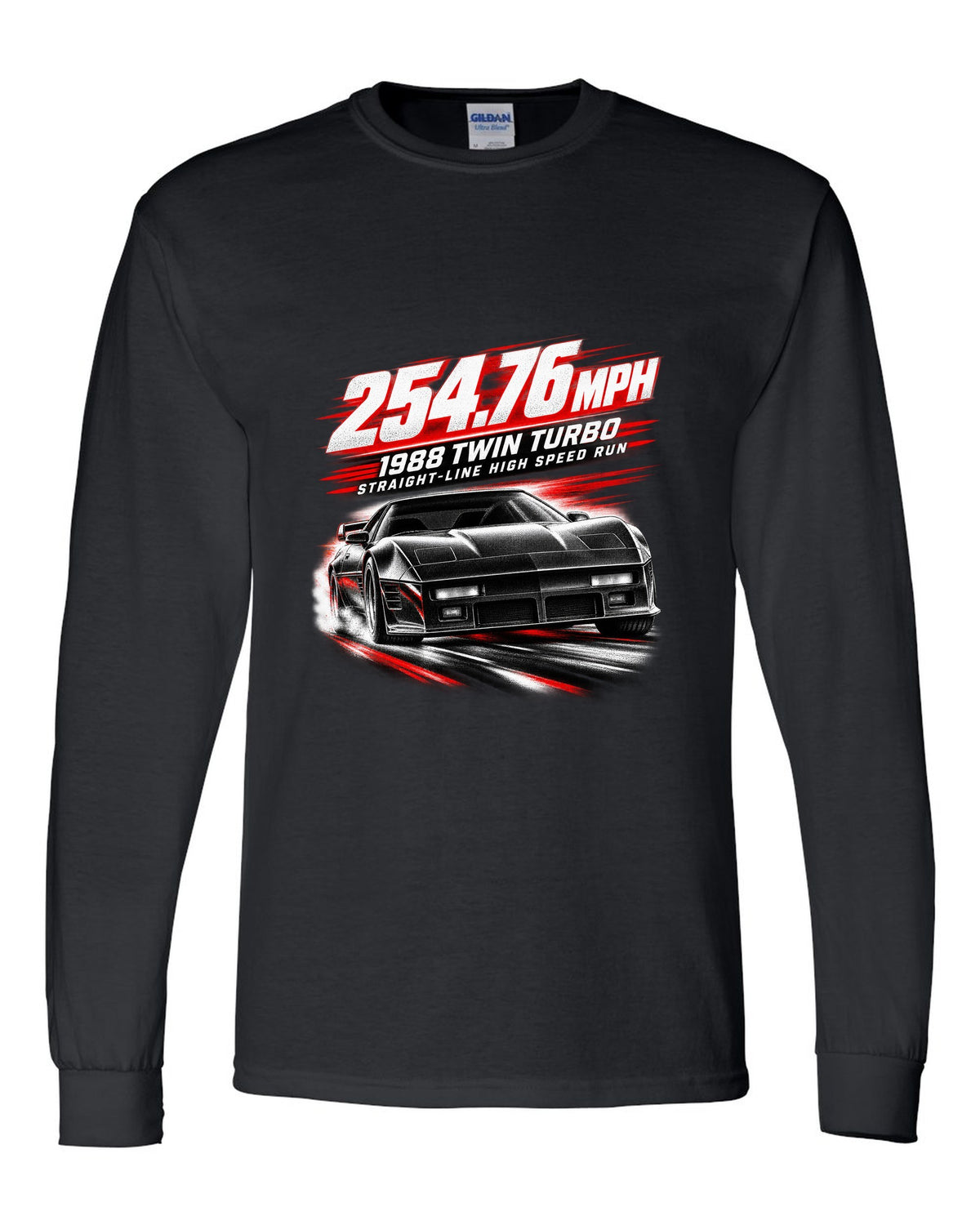 Callaway Sledgehammer 1988 twin-turbo C4 coupe race poster print 254.76 mph black long sleeve front view with the design