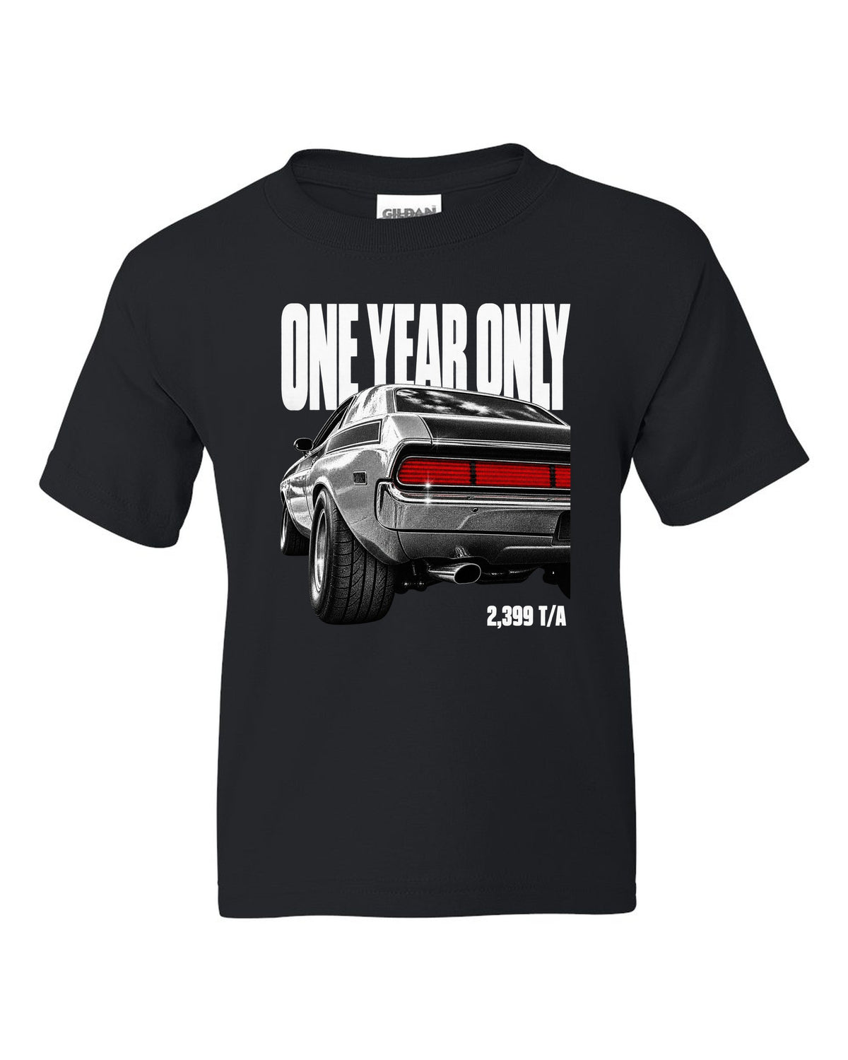 Taillight macro print of a 1970 Dodge Challenger T/A with one year only 2,399 T/A text black kids tee front view with the design