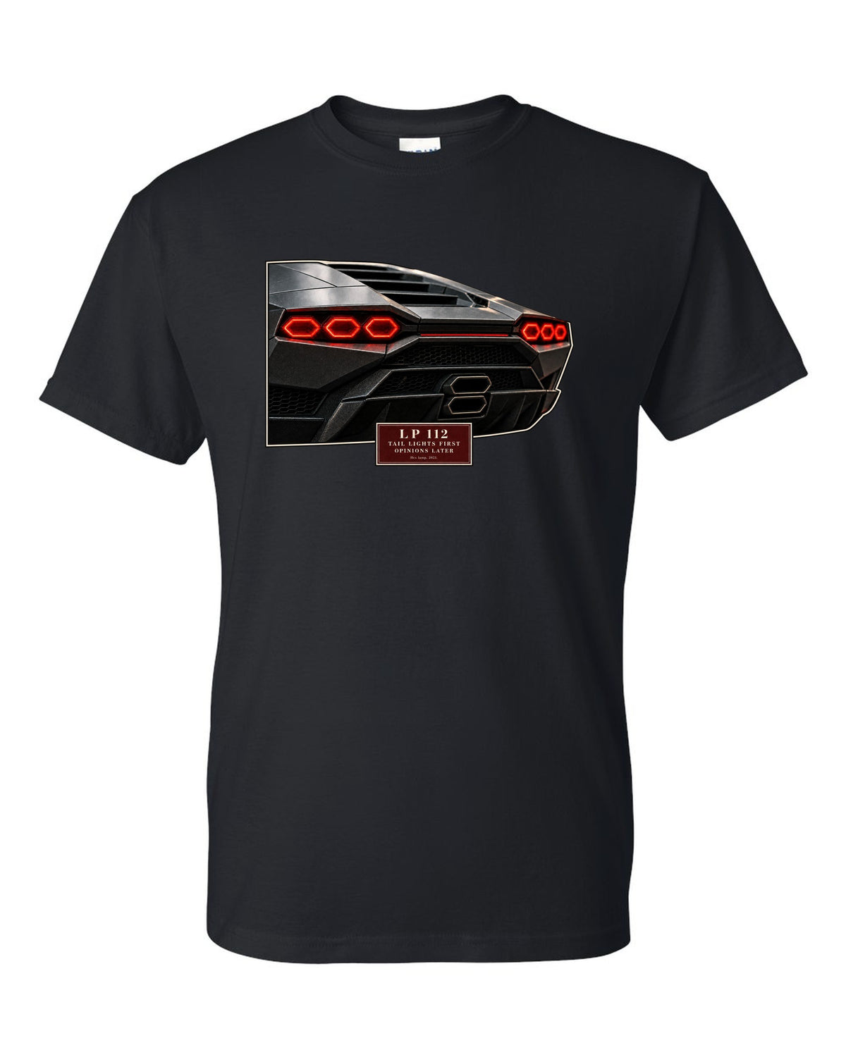 Lamborghini Countach LPI 800-4 taillight macro print with LP 112 lettering black t-shirt front view with the design