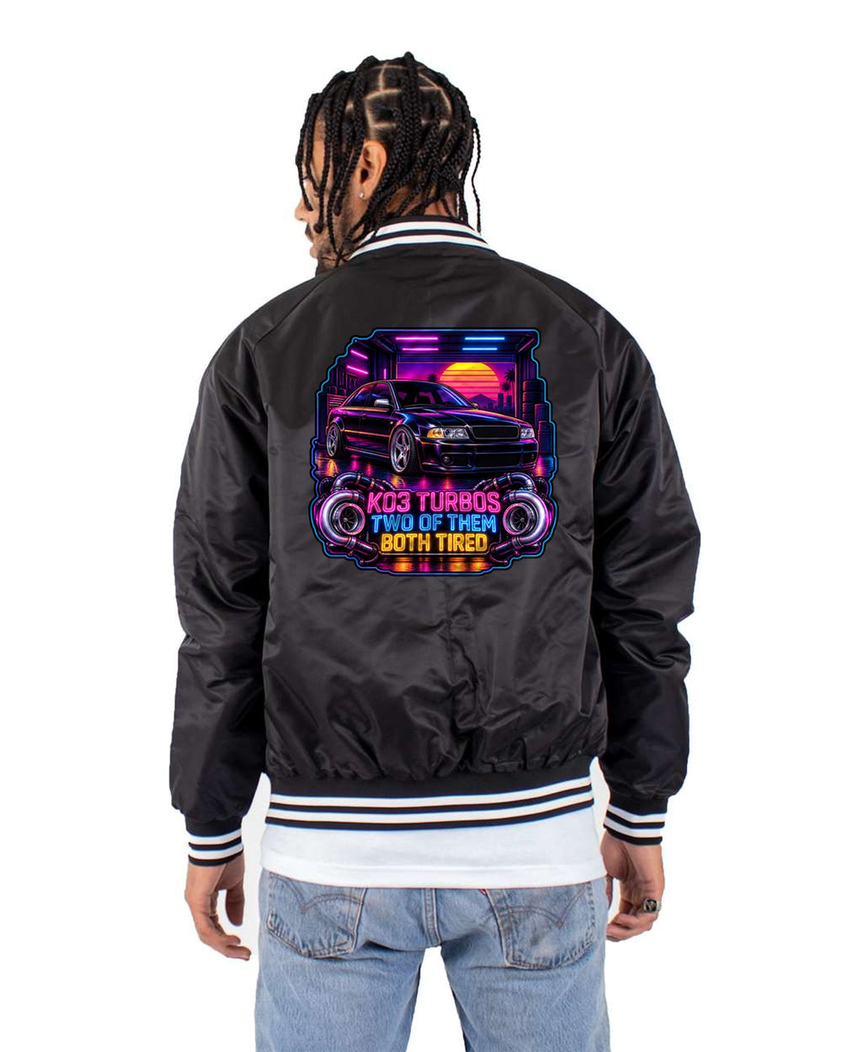 Audi S4 B5 Biturbo Synthwave Shirt, Tired K03 Turbos Tee Bomber Jacket Black back