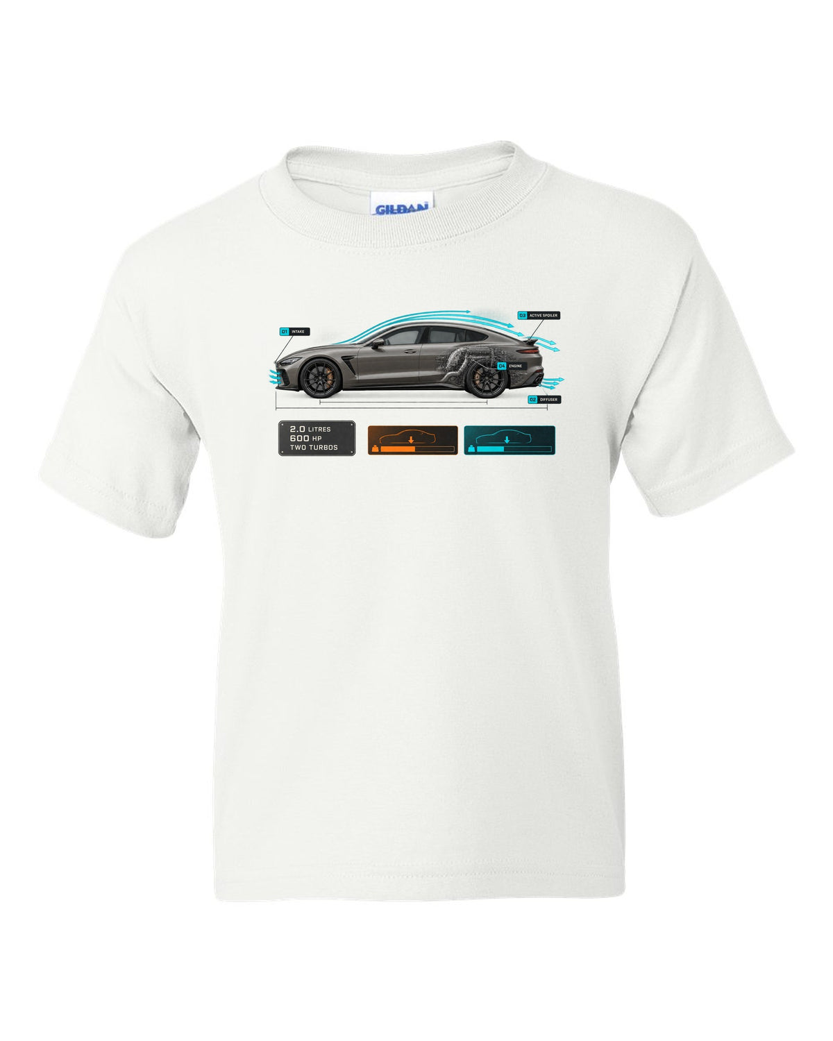 print of the Koenigsegg Gemera with aero callouts and the text 2.0 litres, 600 hp, two turbos white kids tee front view with the design