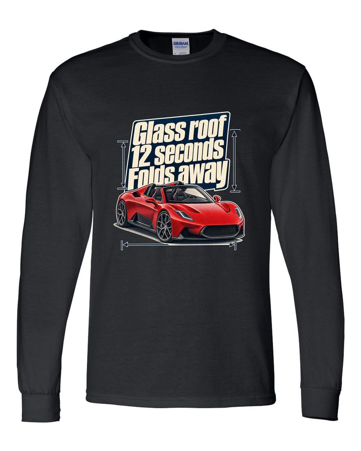 Maserati MC20 Cielo editorial headline print on a shirt black long sleeve front view with the design