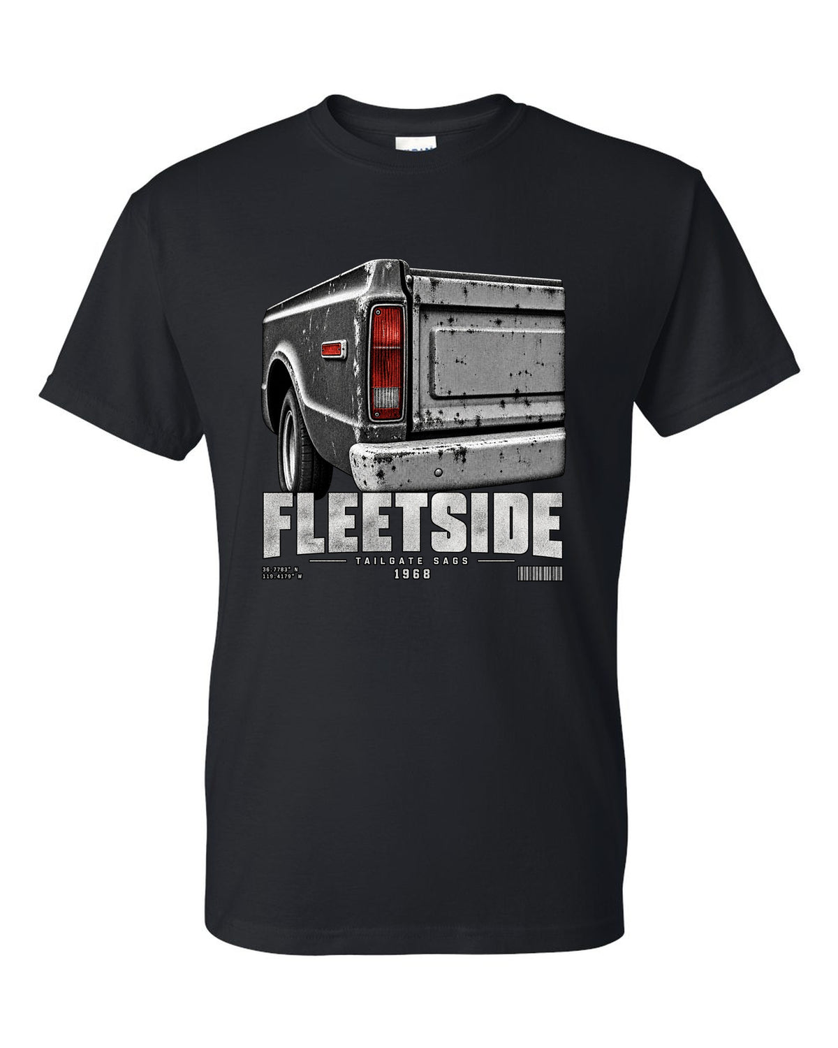 Close-up of a 1968 Chevy C10 Fleetside taillight and tailgate, print black t-shirt front view with the design