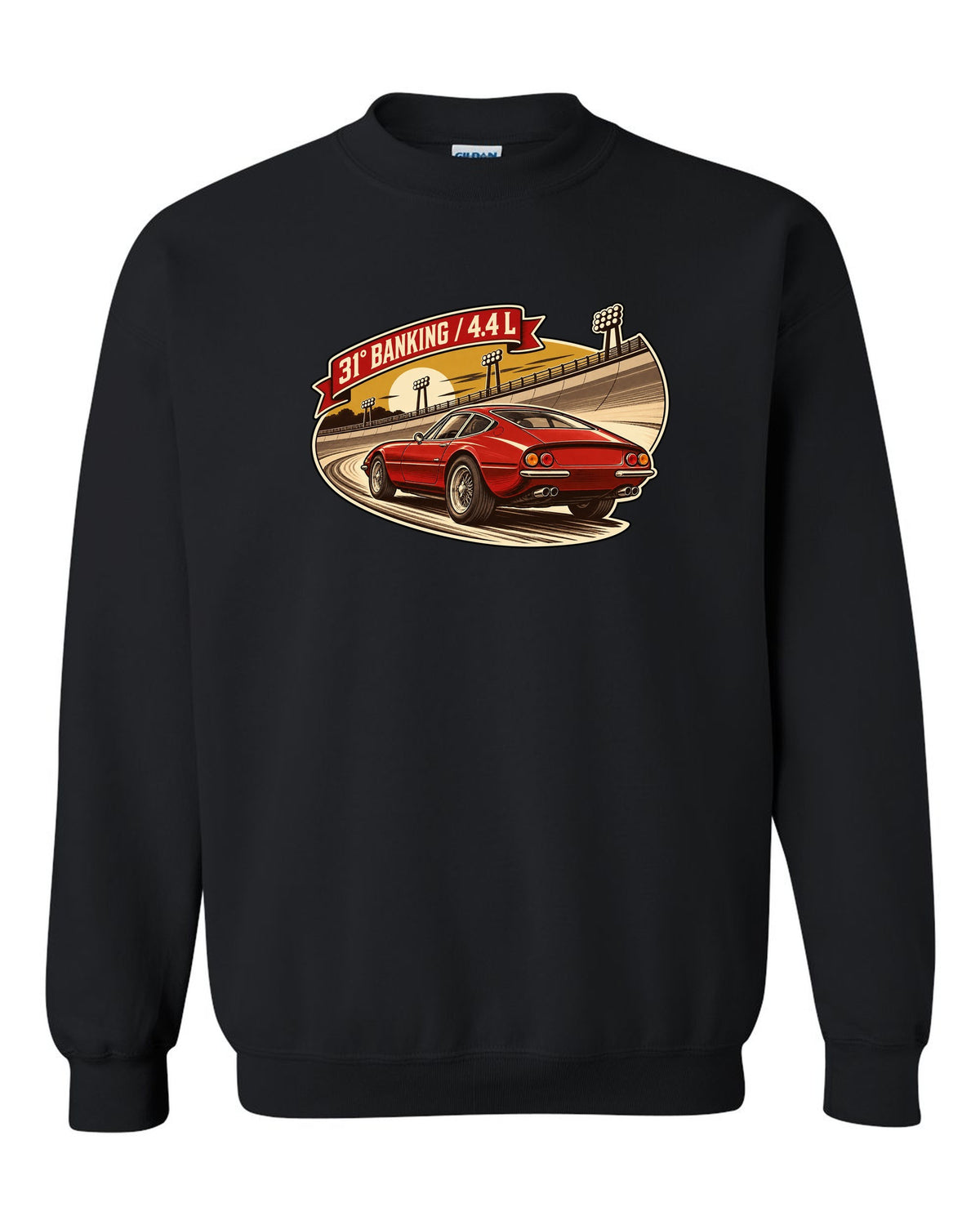 Sepia retro race-programme illustration of three Ferrari 365 GTB/4 Daytonas on banking black crewneck front view with the design