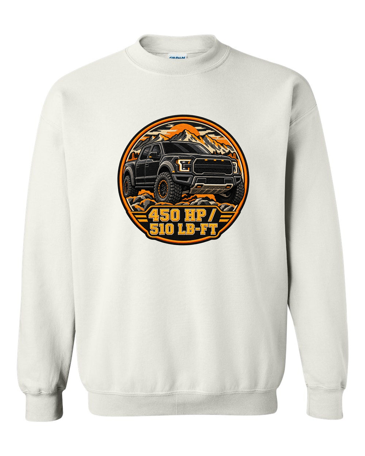 Varsity crest print for a 2017-20 Gen 2 Ford F-150 Raptor P552 with 450 hp text white crewneck front view with the design