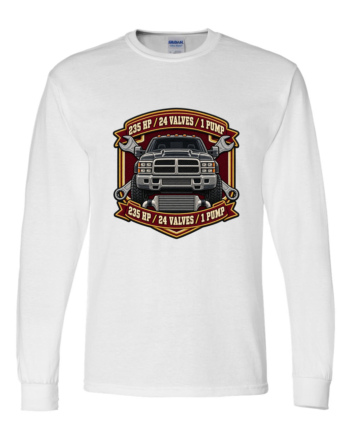 Varsity crest print for the 1998.5-2002 Dodge Ram 2500 24V Cummins with 235 HP, 24 valves, 1 pump white long sleeve front view with the design