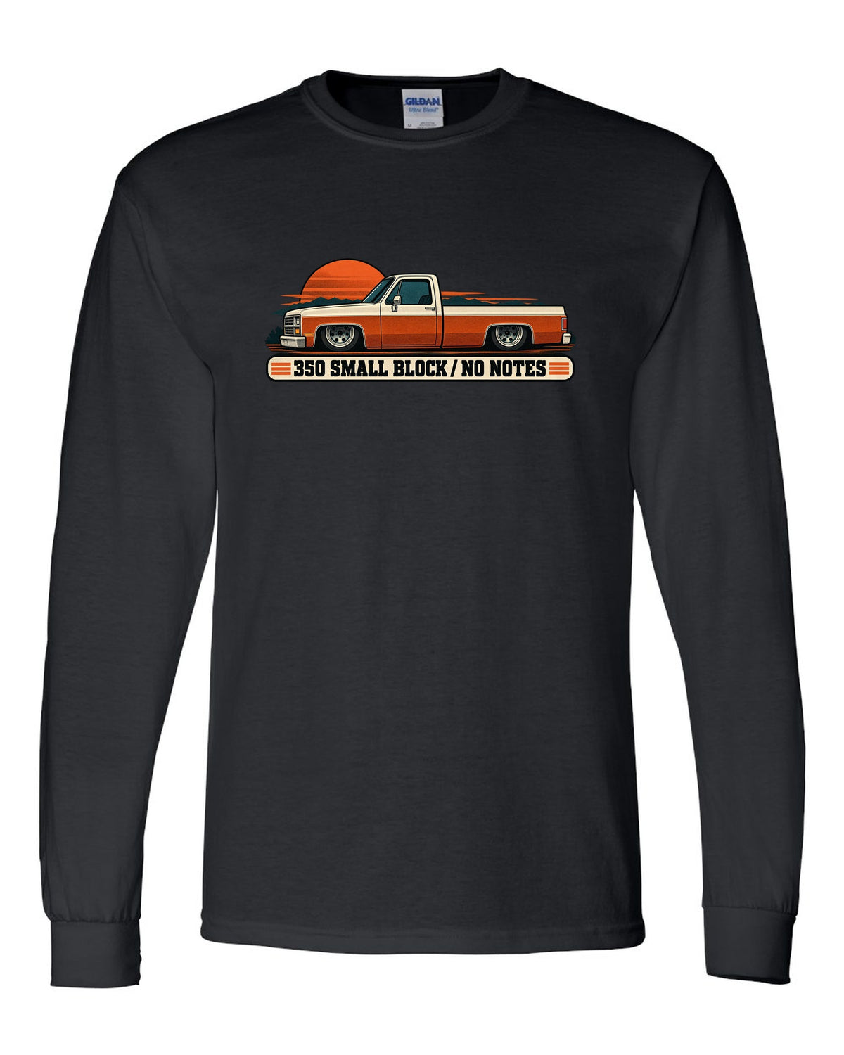 Retro two-colour halftone print of a dropped Chevrolet C10 Squarebody at dusk with 350 small block text black long sleeve front view with the design
