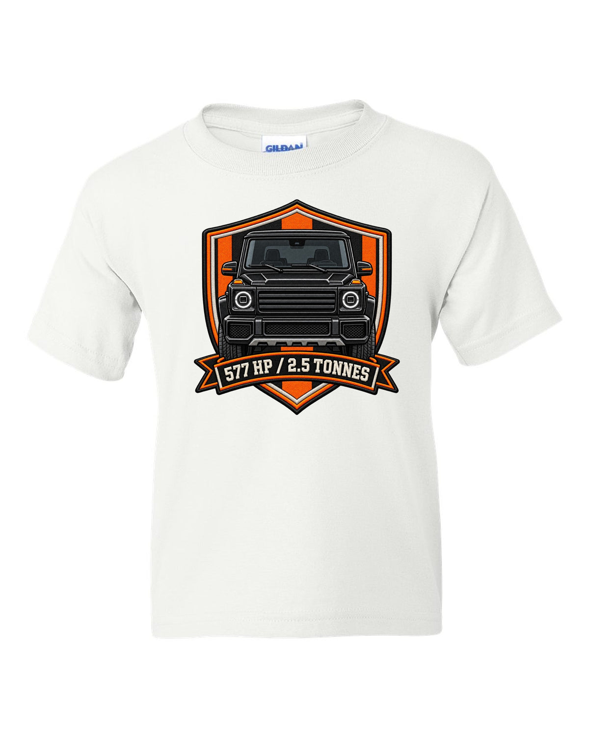 Ukiyo-e woodblock wave graphic with a boxy Mercedes G-Class W463, print white kids tee front view with the design
