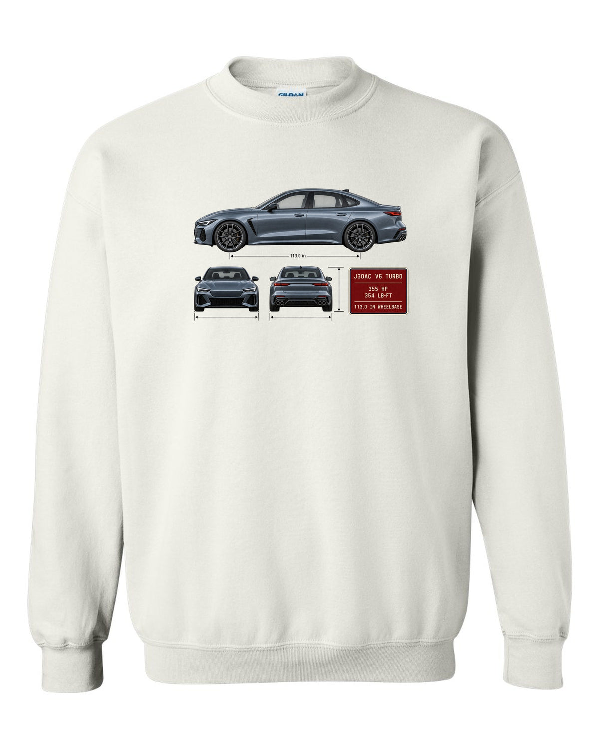 Acura TLX Type S three-view spec table print white crewneck front view with the design