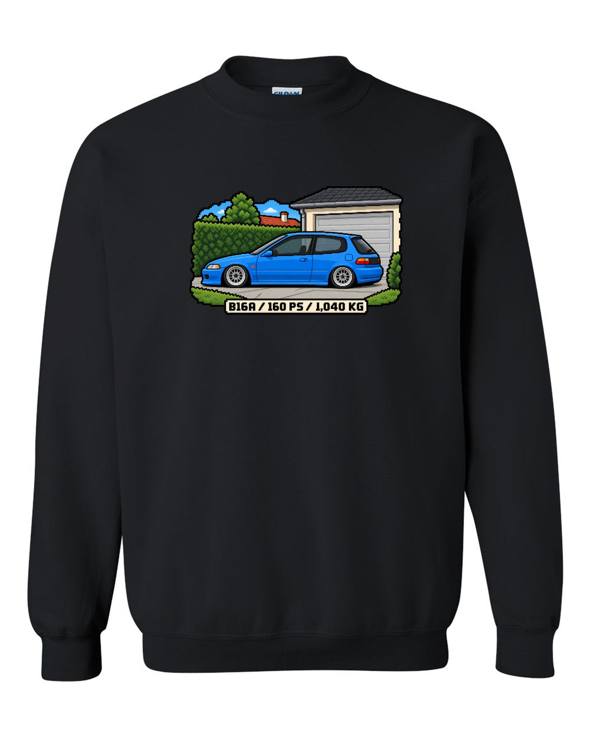 16-bit pixel art print of a 1992 Honda Civic EG6 ch with B16A and 160 PS text black crewneck front view with the design