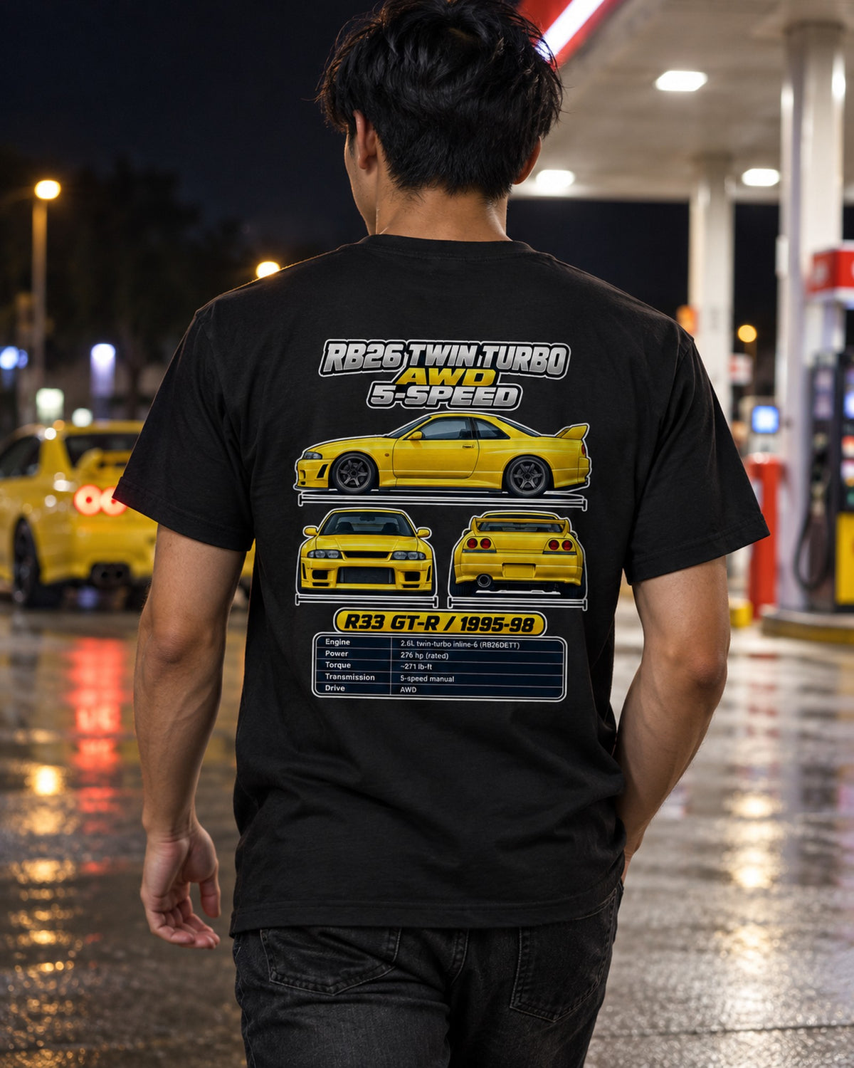 Nissan Skyline Gt R R33 Spec Sheet Full-Back Graphic Tee T-Shirt Black worn hero