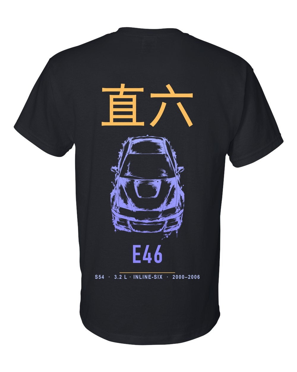 E46 full-back artwork black t-shirt back view with the design