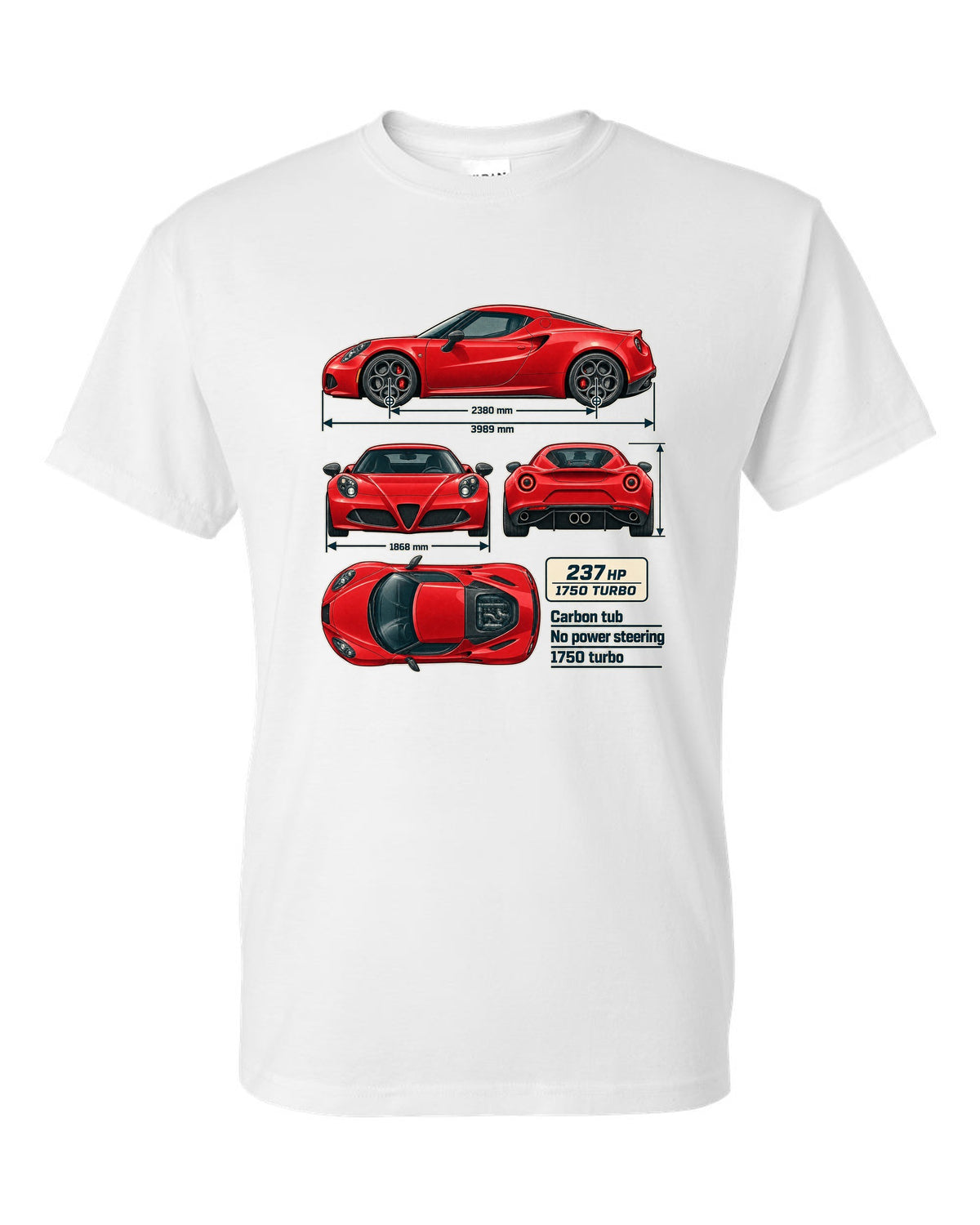 Dimension blueprint print of the Alfa Romeo 4C coupe with carbon tub and 1750 turbo callouts white t-shirt front view with the design