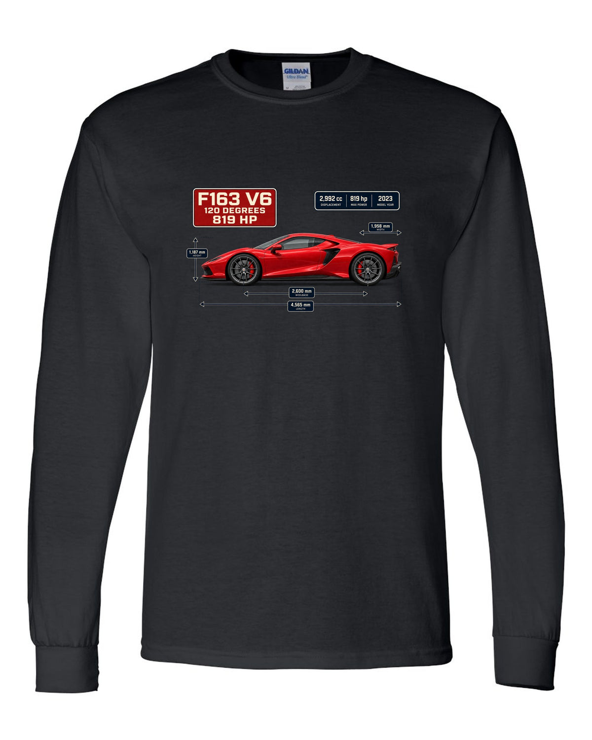 Blueprint style print of a signal red Ferrari 296 GTB with dimension lines black long sleeve front view with the design
