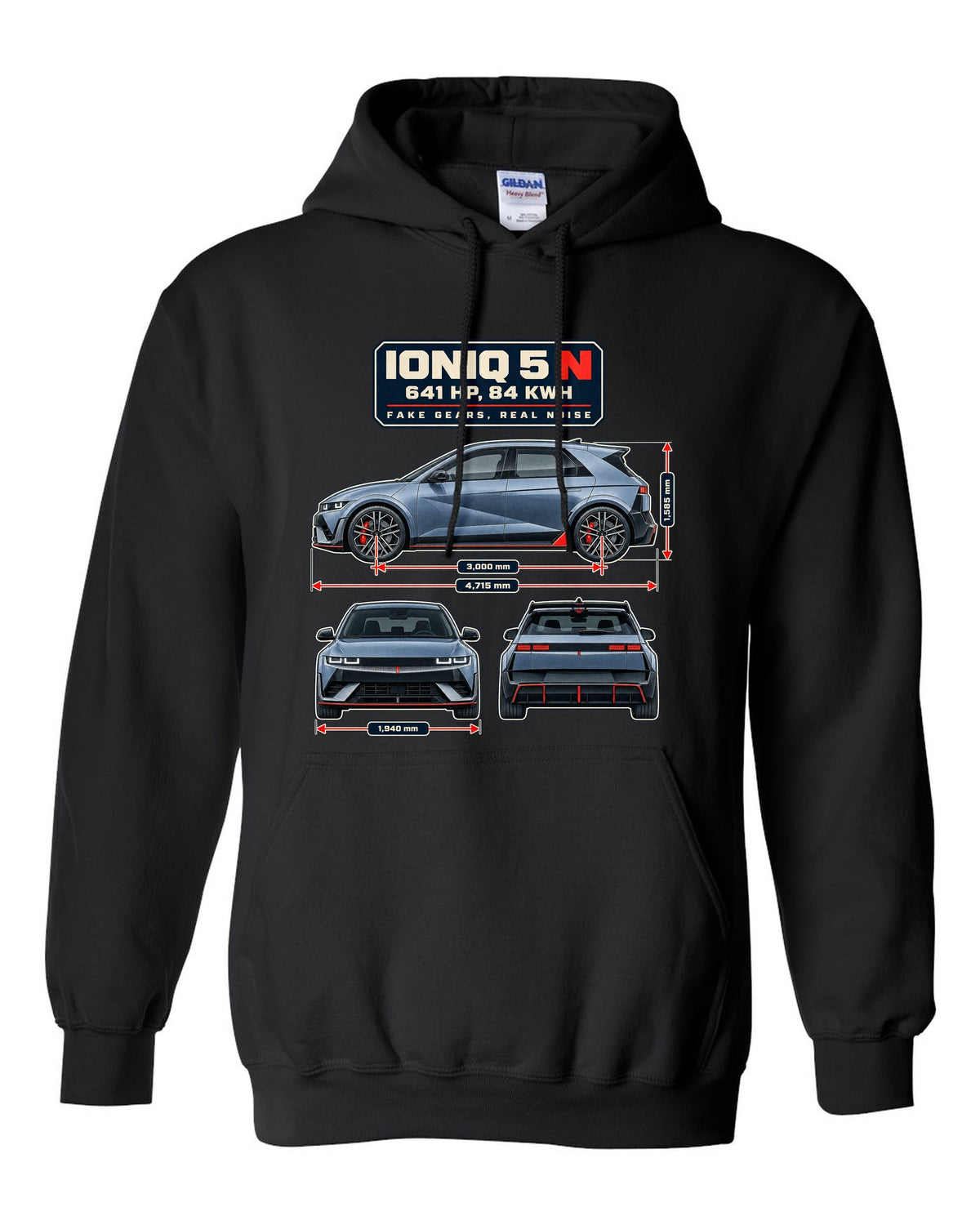 Hyundai Ioniq 5 N dimension blueprint print on a shirt black pull over hoodie front view with the design