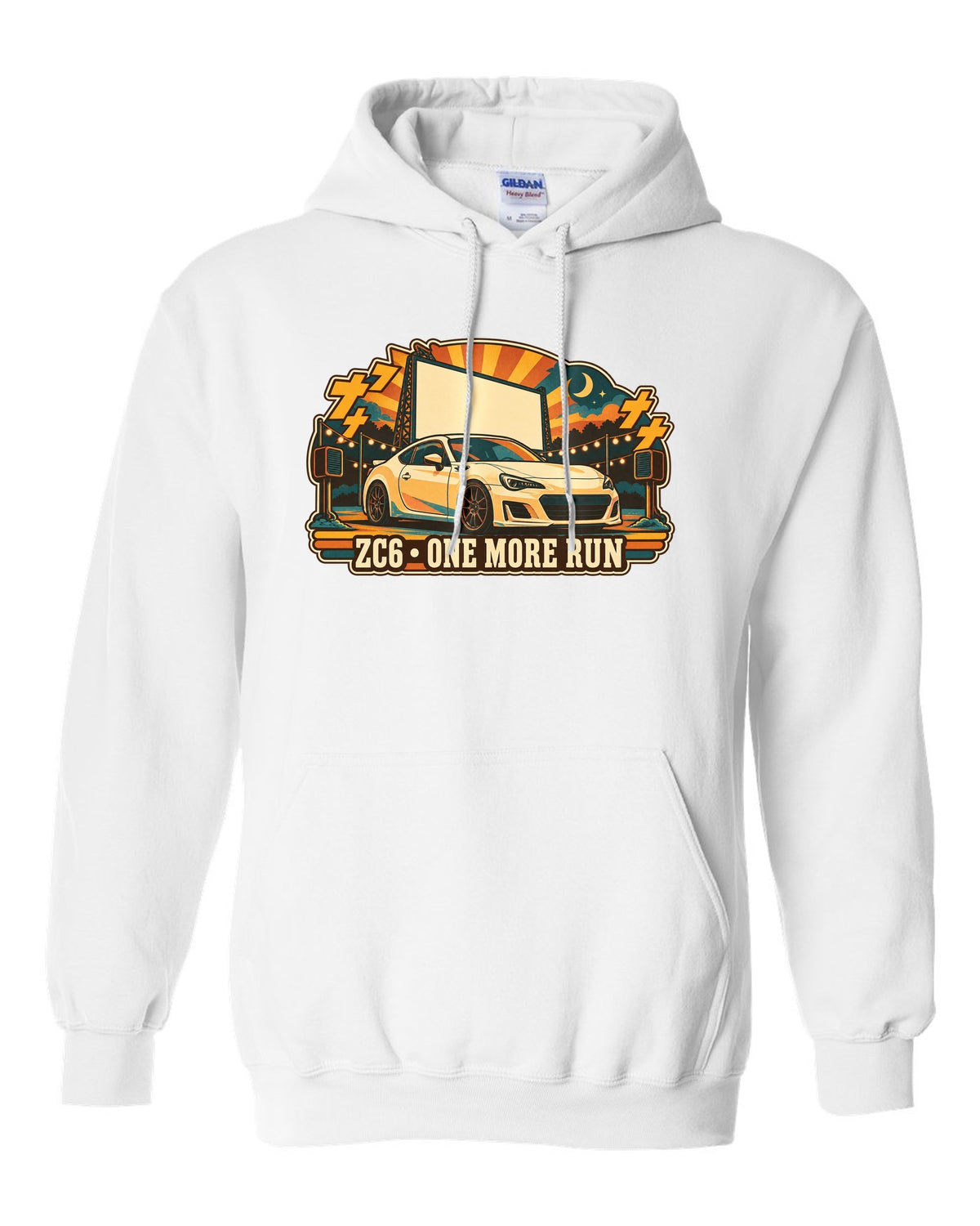 Subaru BRZ ZC6 in a retro Japanese showa catalogue ad style, ZC6 / ONE MORE RUN white pull over hoodie front view with the design