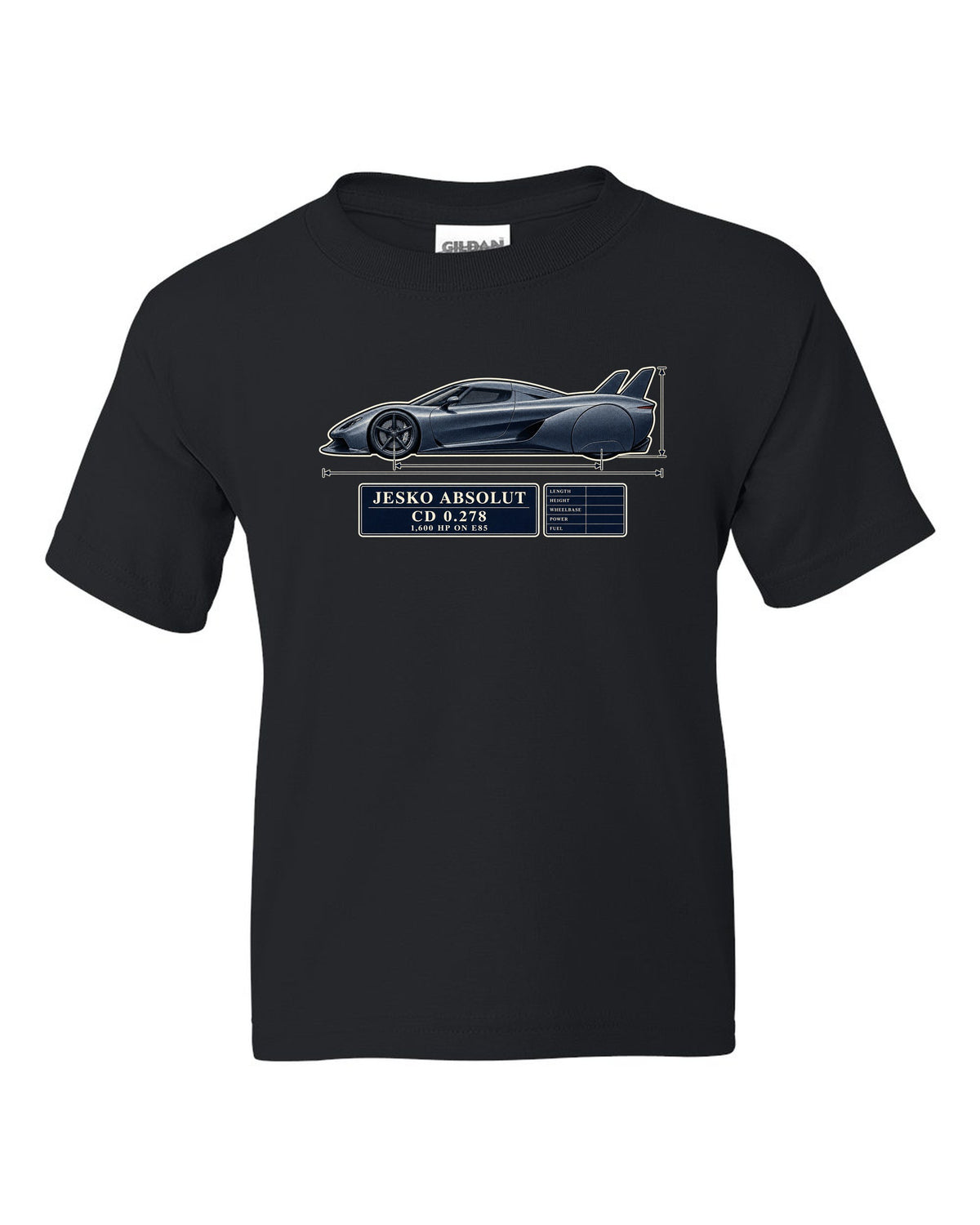 Blueprint drawing of the Koenigsegg Jesko Absolut with twin tail fins and no wing, print black kids tee front view with the design