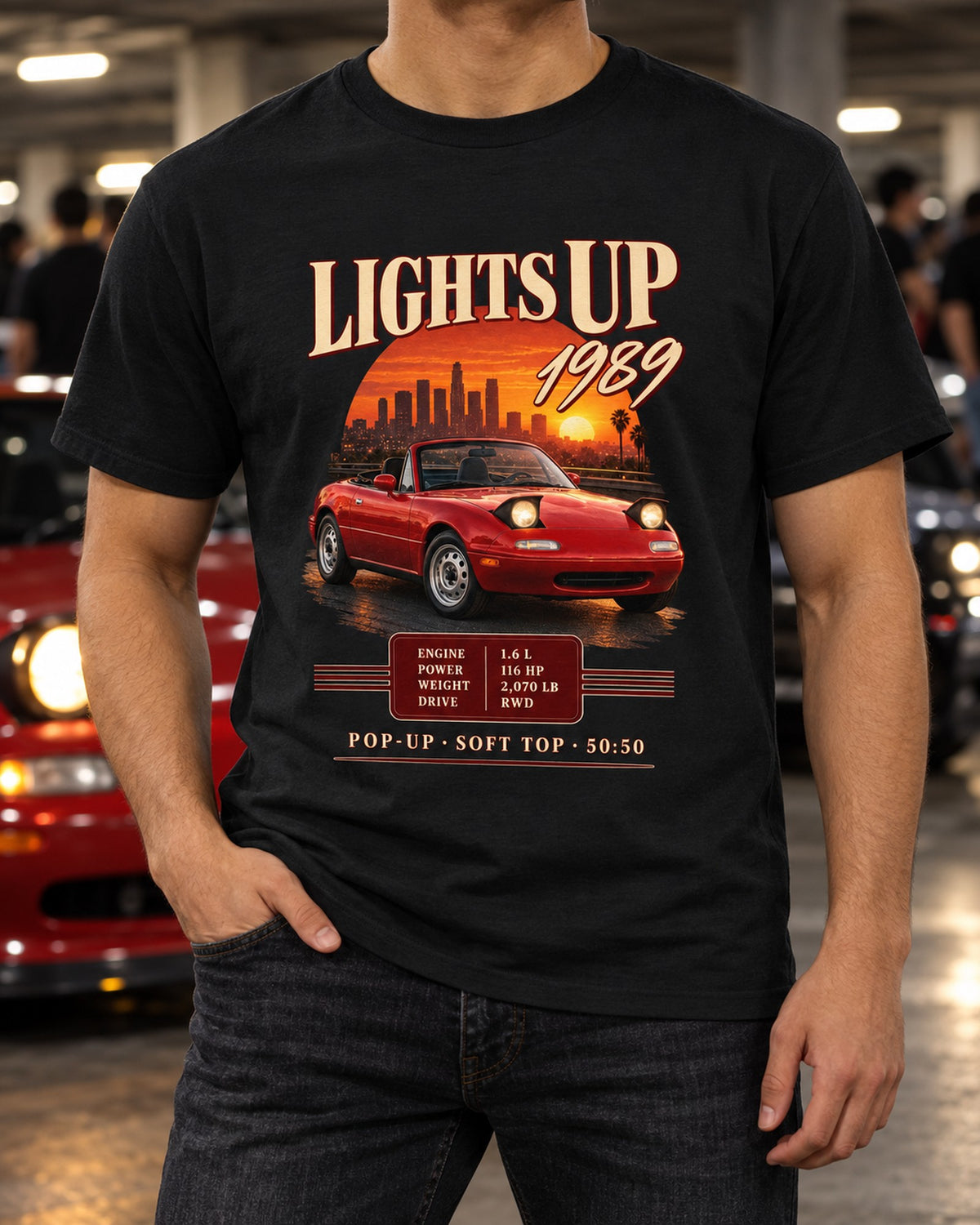 Mazda MX-5 NA 1989 Archive Panel Shirt, Lights Up Spec Sheet T-Shirt Black worn hero