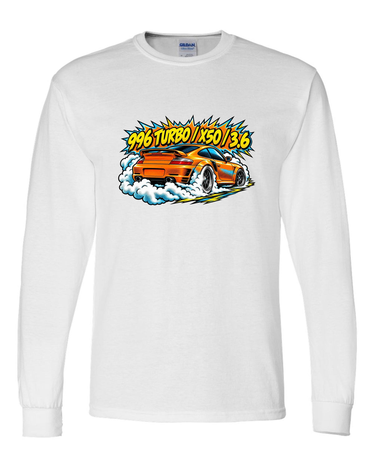 Porsche 996 Turbo comic halftone burnout burst design with X50 lettering white long sleeve front view with the design
