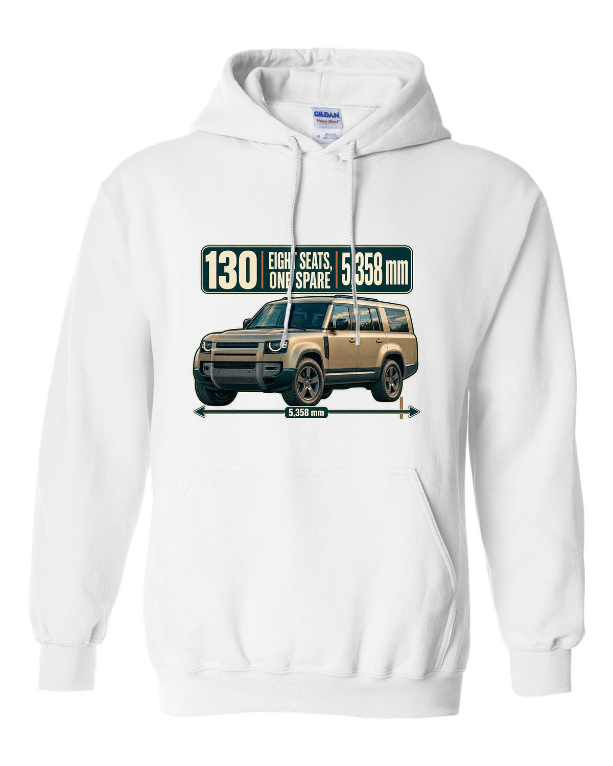 Editorial headline print for the Land Rover Defender 130 L663 with eight seats and length white pull over hoodie front view with the design